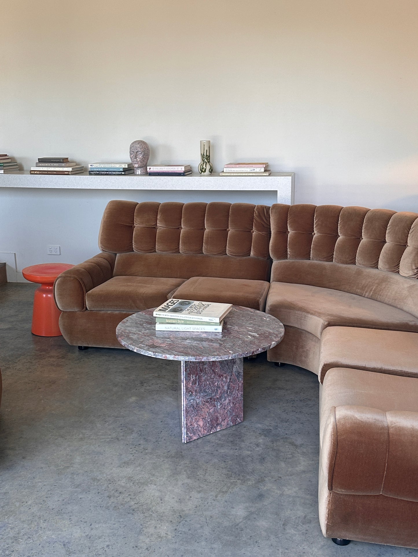 Vintage Tufted Caramel Velvet Curved Sofa