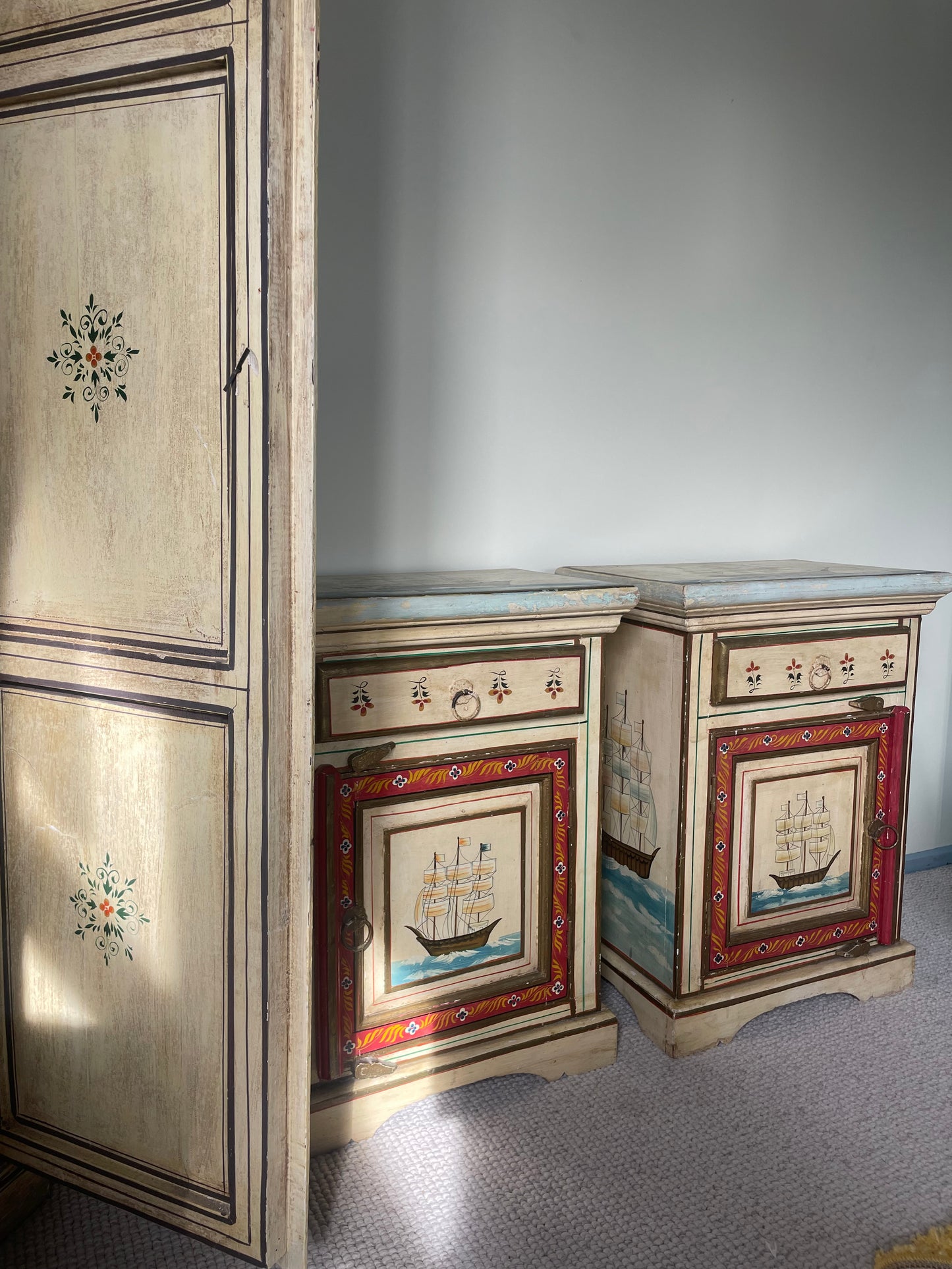 Hand-Painted Indian Nautical Cupboard & Bedside Set