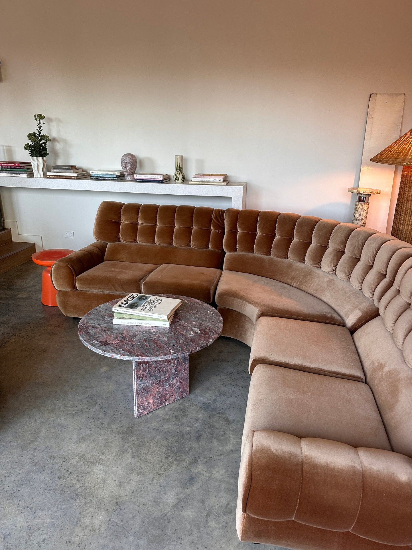 Vintage Tufted Caramel Velvet Curved Sofa