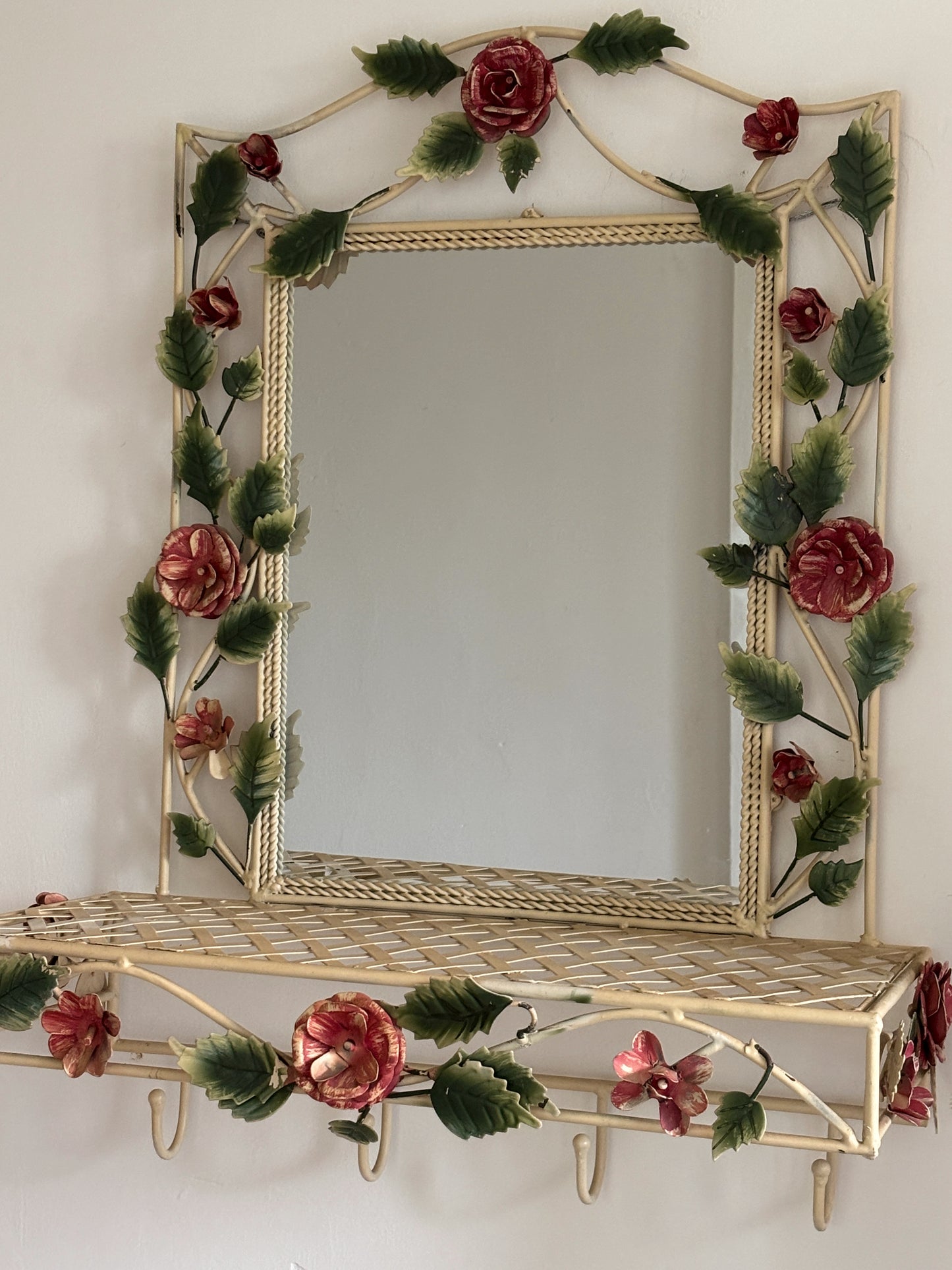 Vintage Italian Tole Hand Painted Mirror with Shelf