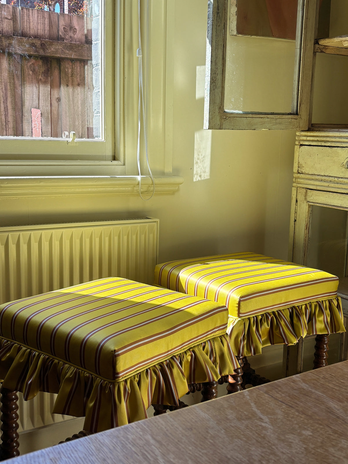 Pair of Reupholstered Spanish-style Bobbin Reel Stools