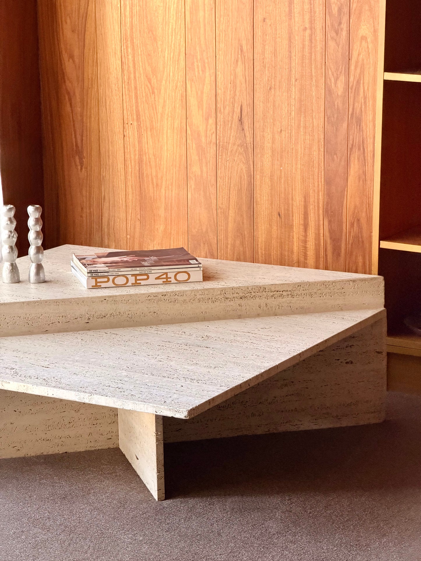 Vintage Triangle Split Level Unfilled Travertine Coffee Table