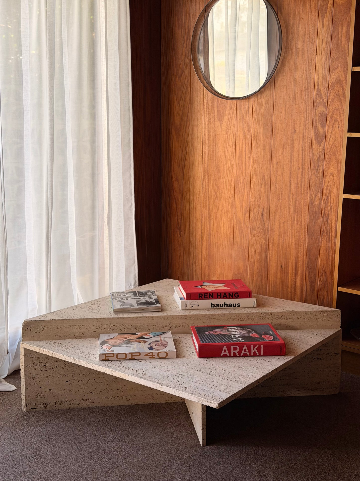 Vintage Triangle Split Level Unfilled Travertine Coffee Table