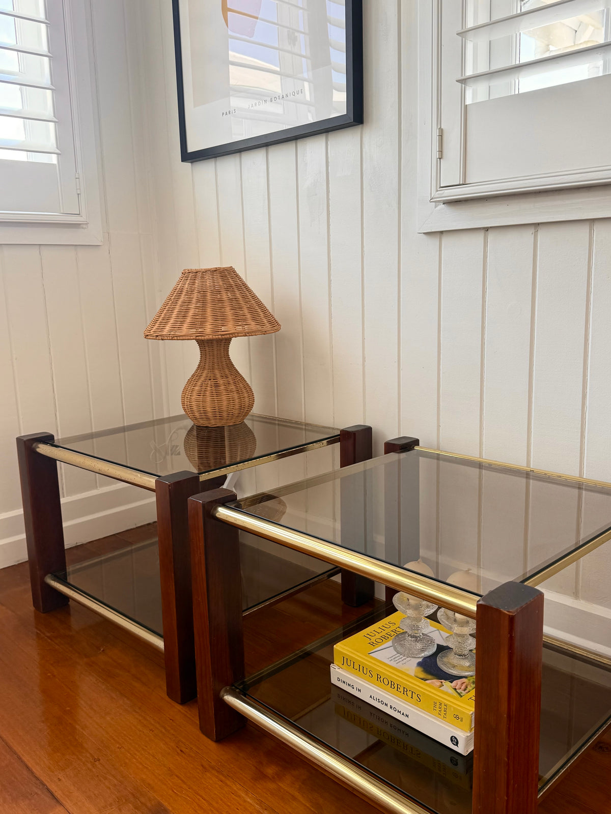 Pair of vintage timber and brass side tables
