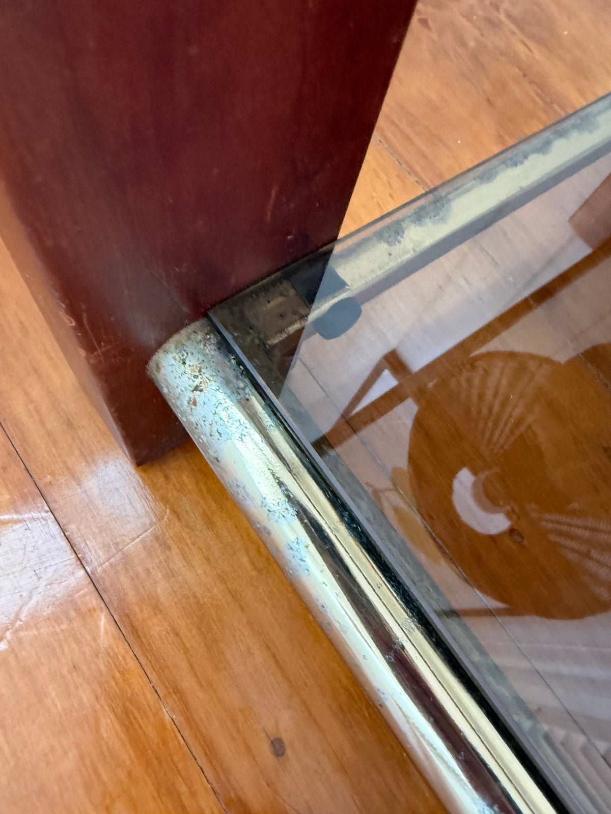 Pair of vintage timber and brass side tables