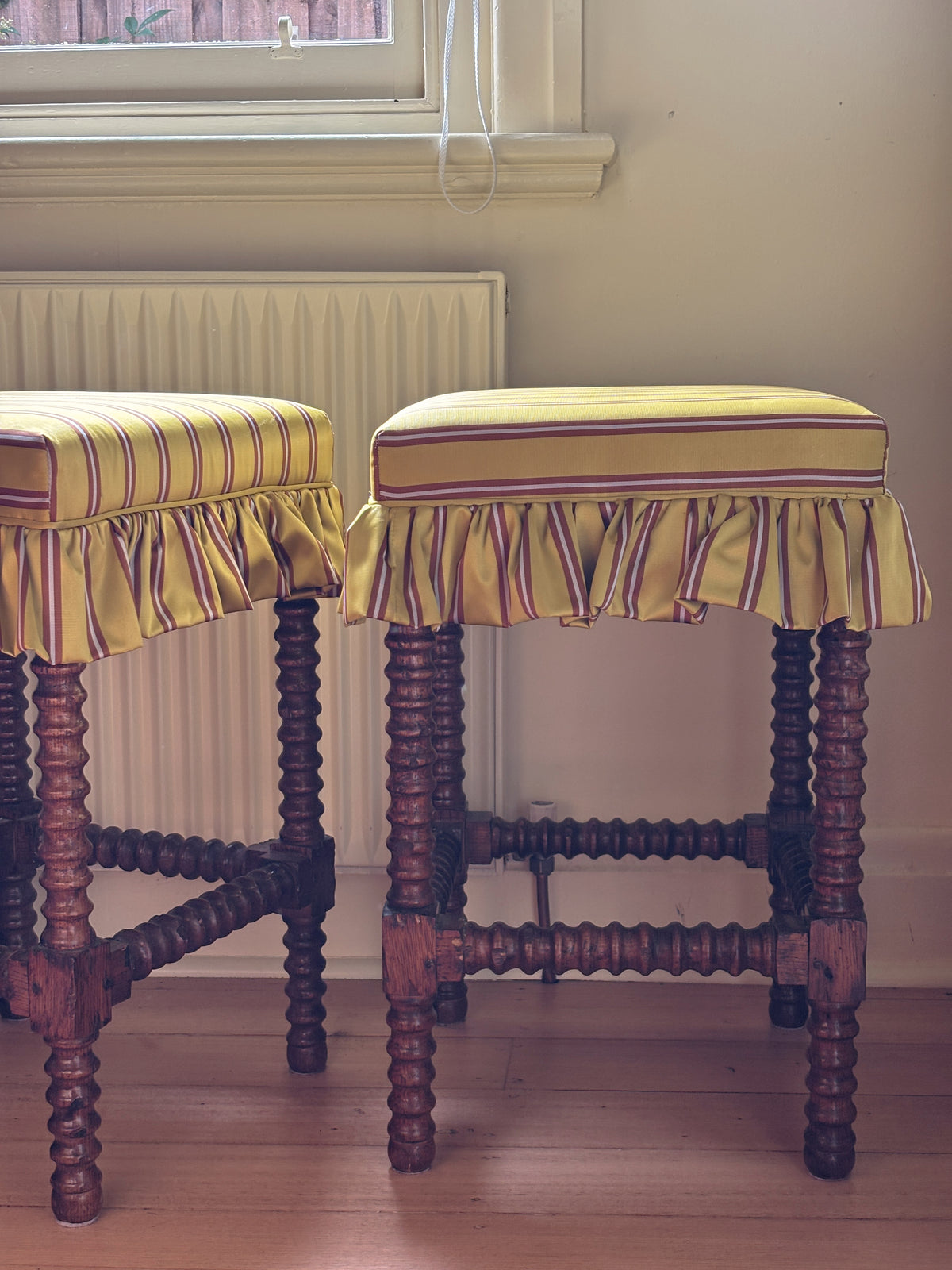Pair of Reupholstered Spanish-style Bobbin Reel Stools