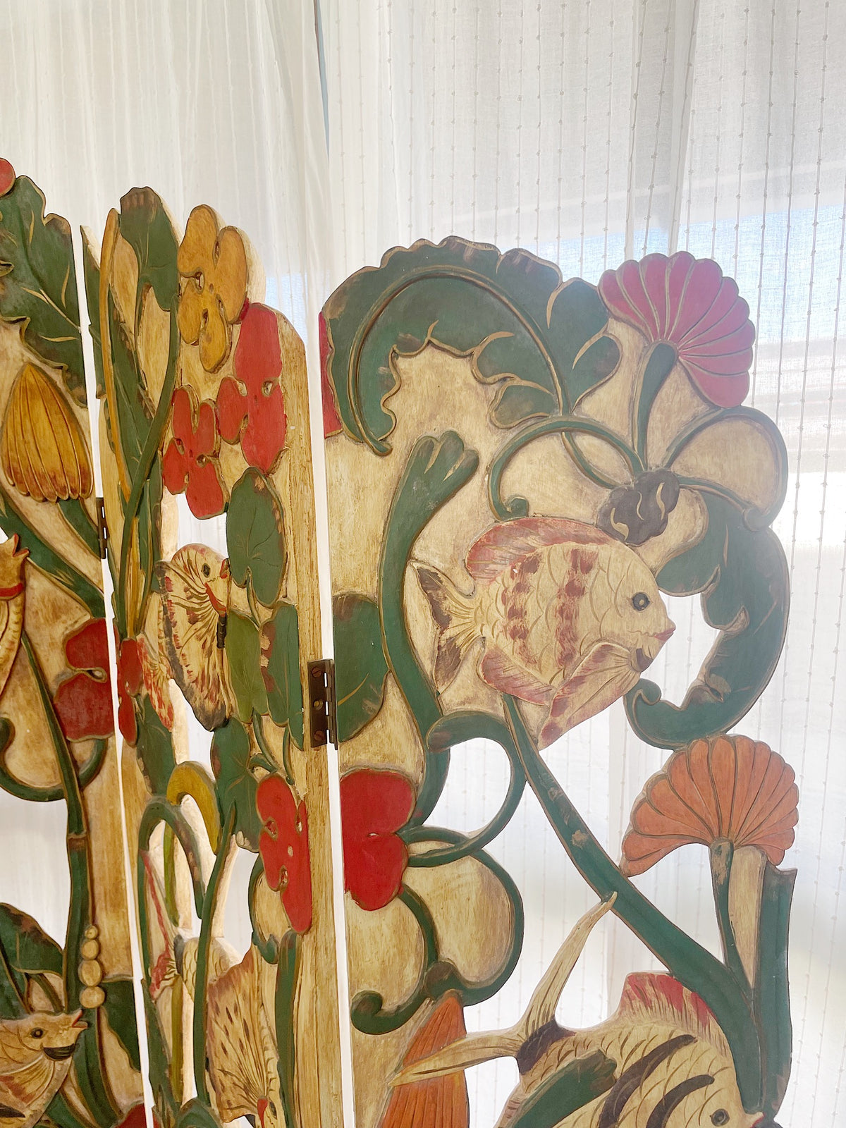 Unique Folk Hand Carved Botanical & Fish Folding Screen