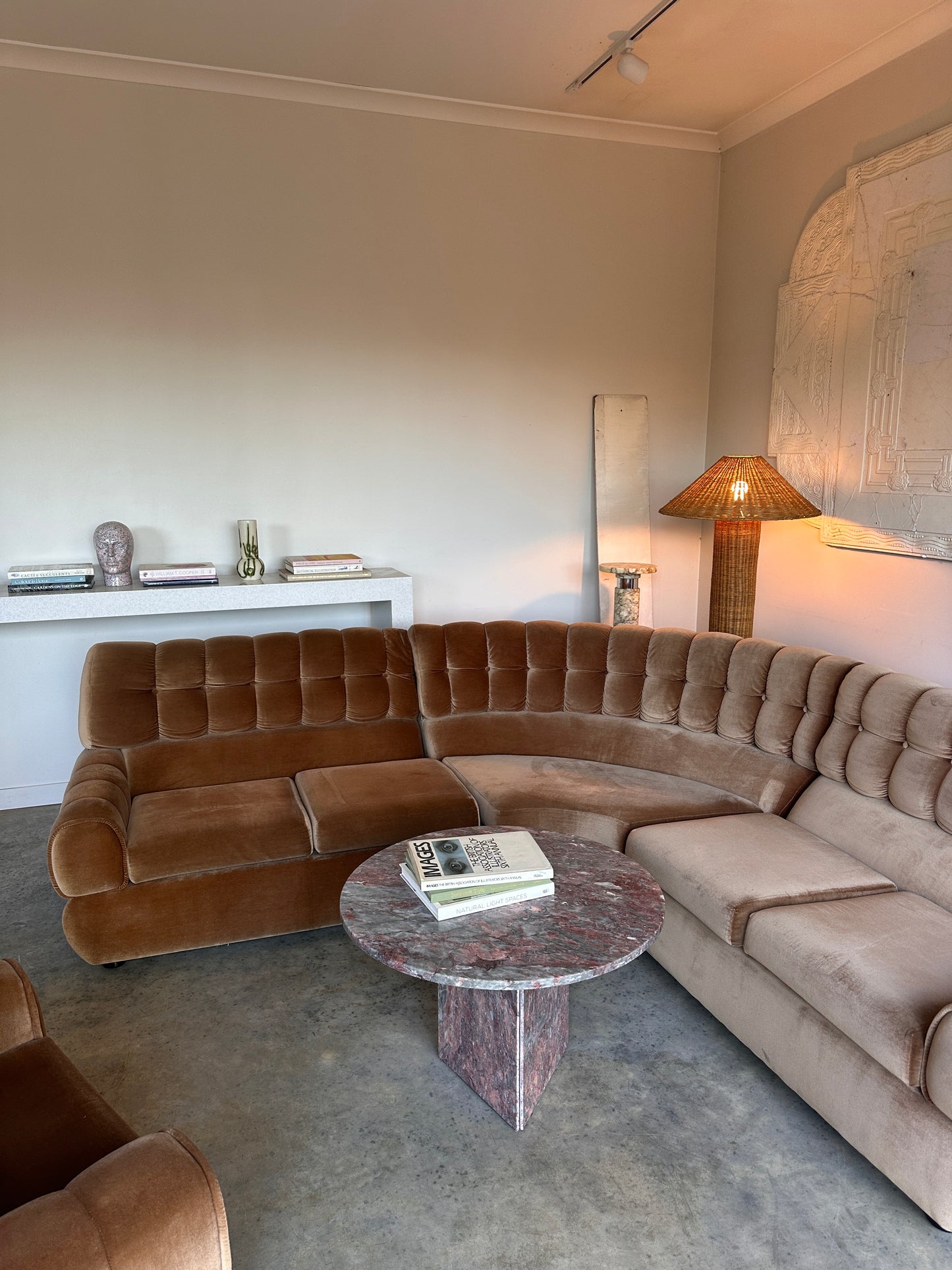 Vintage Tufted Caramel Velvet Curved Sofa
