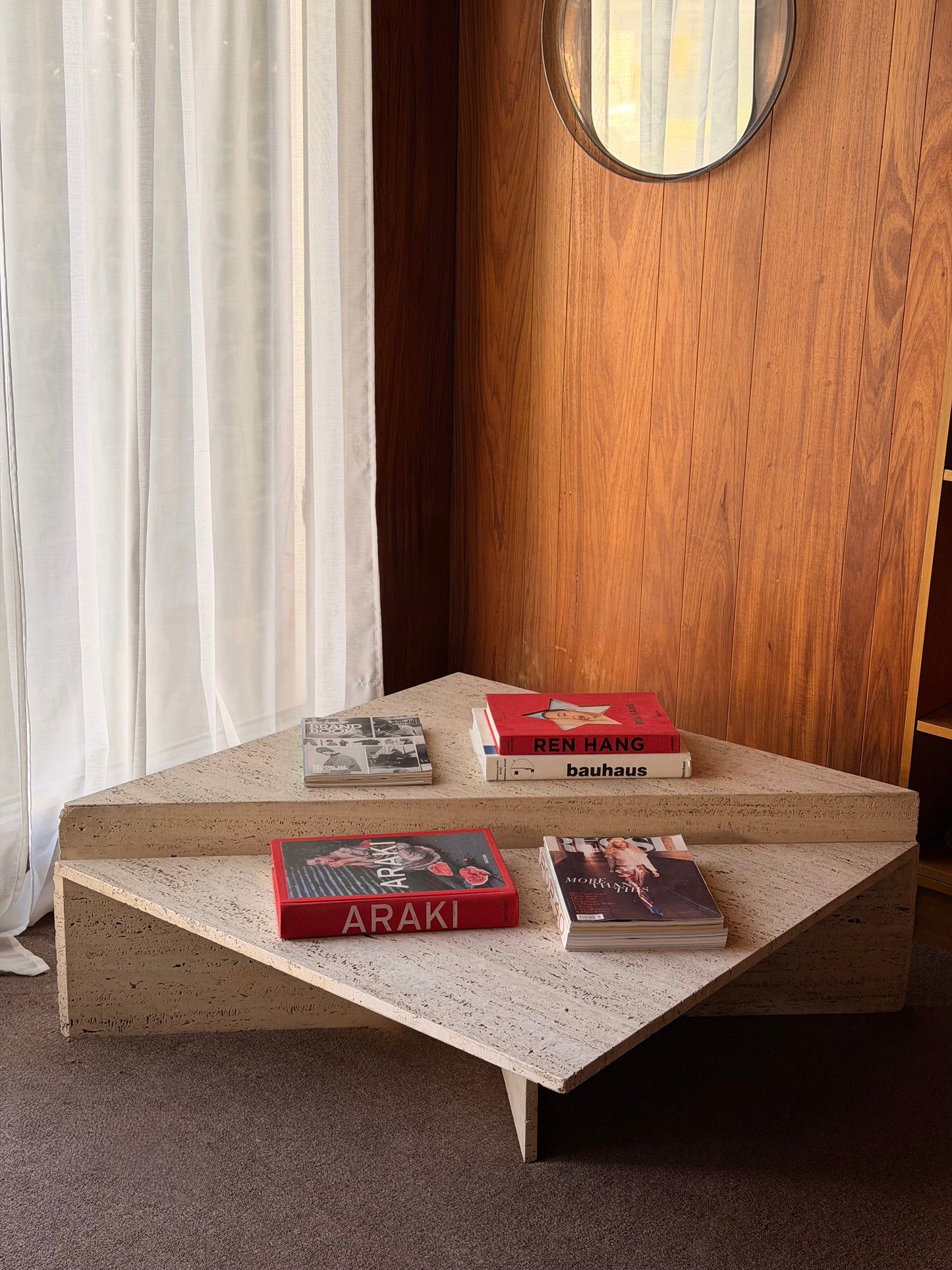 Vintage Triangle Split Level Unfilled Travertine Coffee Table