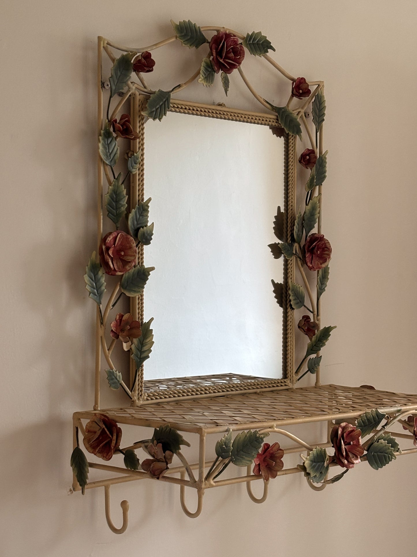Vintage Italian Tole Hand Painted Mirror with Shelf