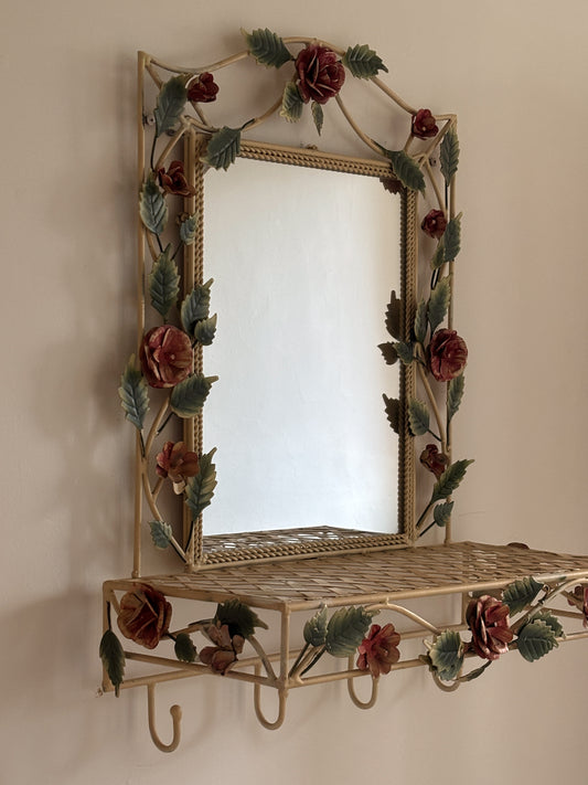 Vintage Italian Tole Hand Painted Mirror with Shelf