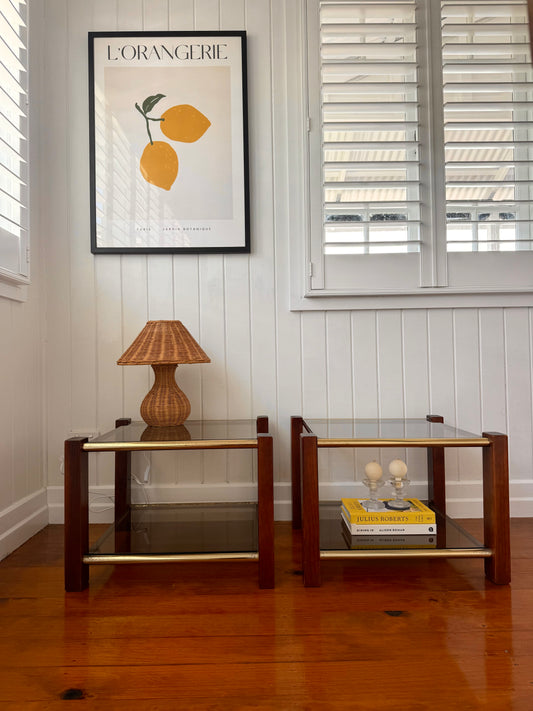 Pair of vintage timber and brass side tables