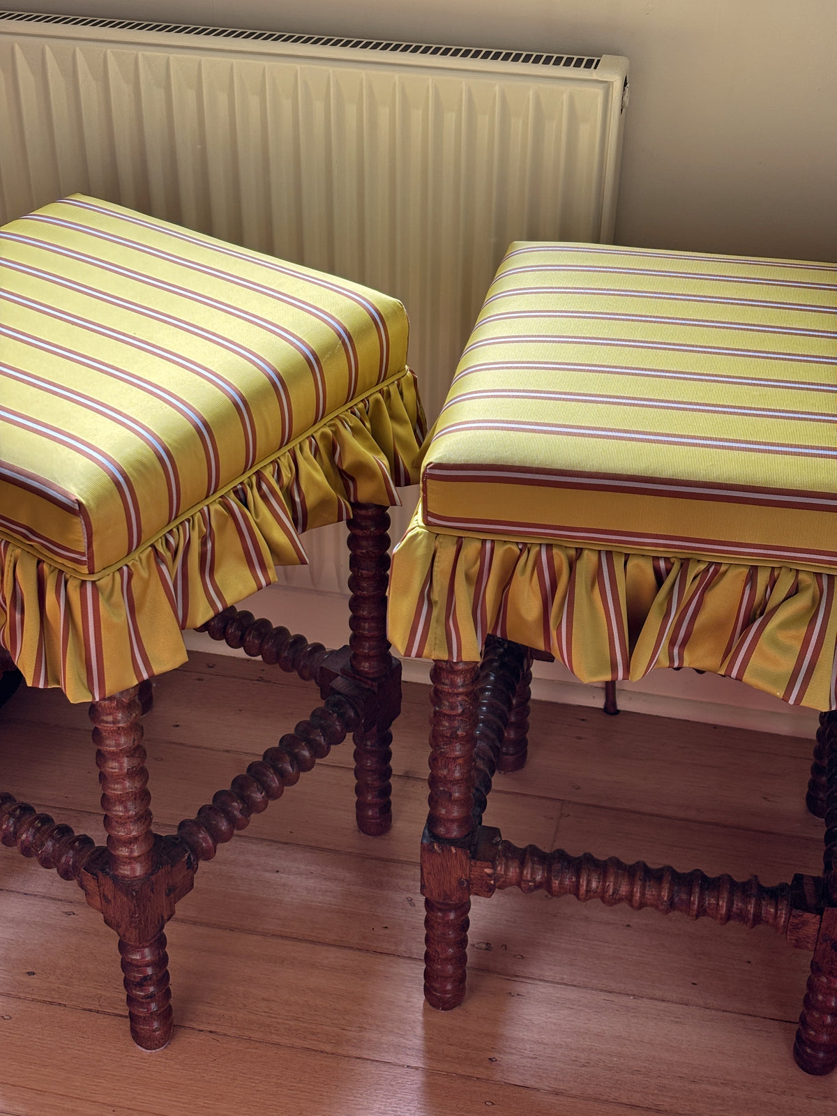 Pair of Reupholstered Spanish-style Bobbin Reel Stools