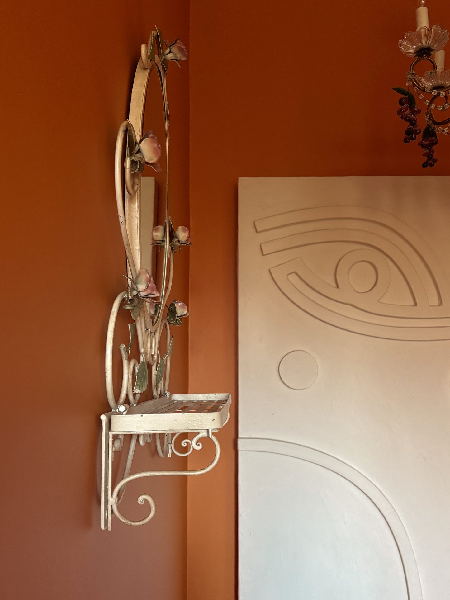 Vintage Tole Hand Painted Mirror with Shelf