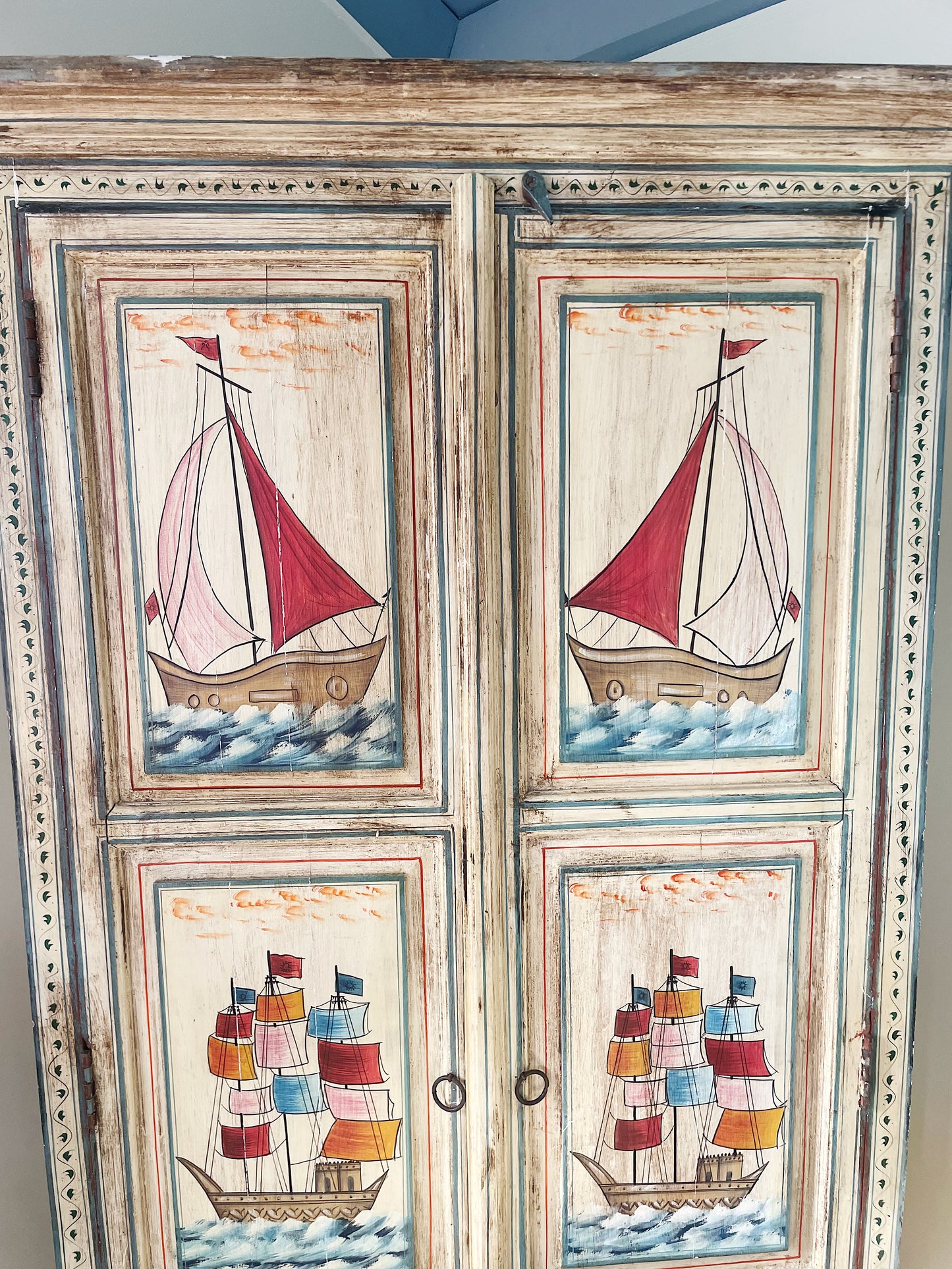 Hand-Painted Indian Nautical Cupboard & Bedside Set