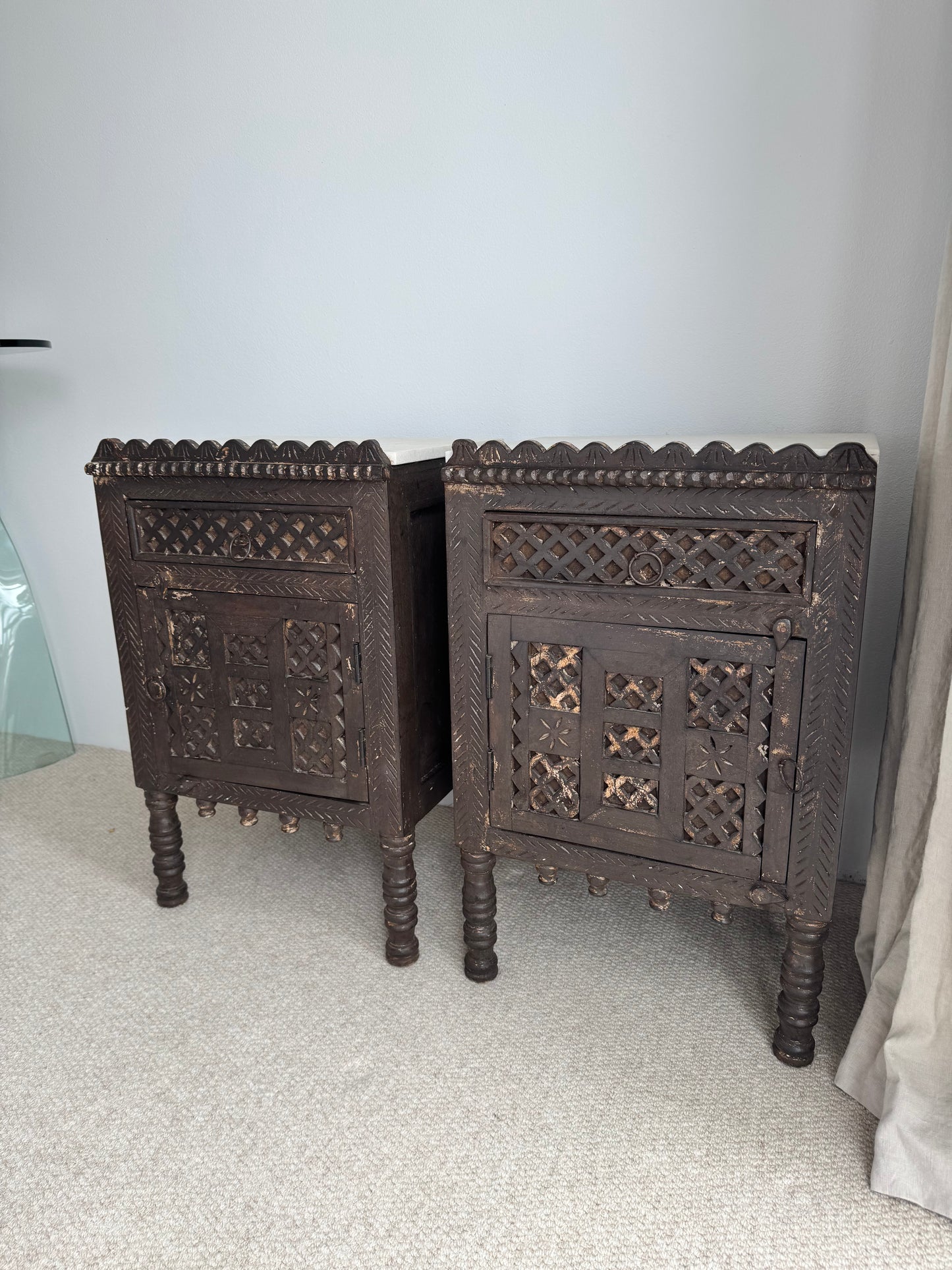 Pair of Antique Indian Carved Majuce Bedside Tables / Nightstands