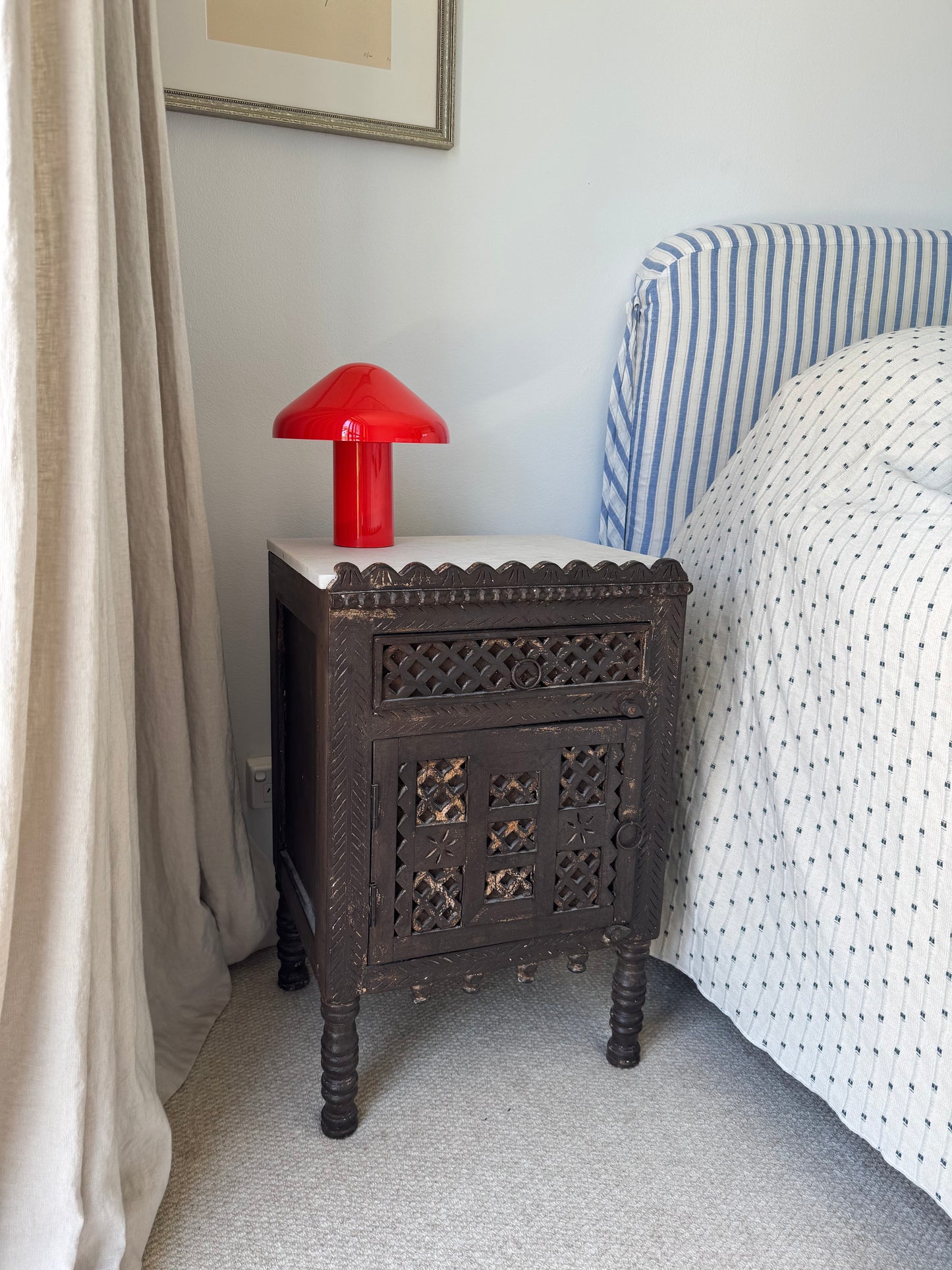 Pair of Antique Indian Carved Majuce Bedside Tables / Nightstands
