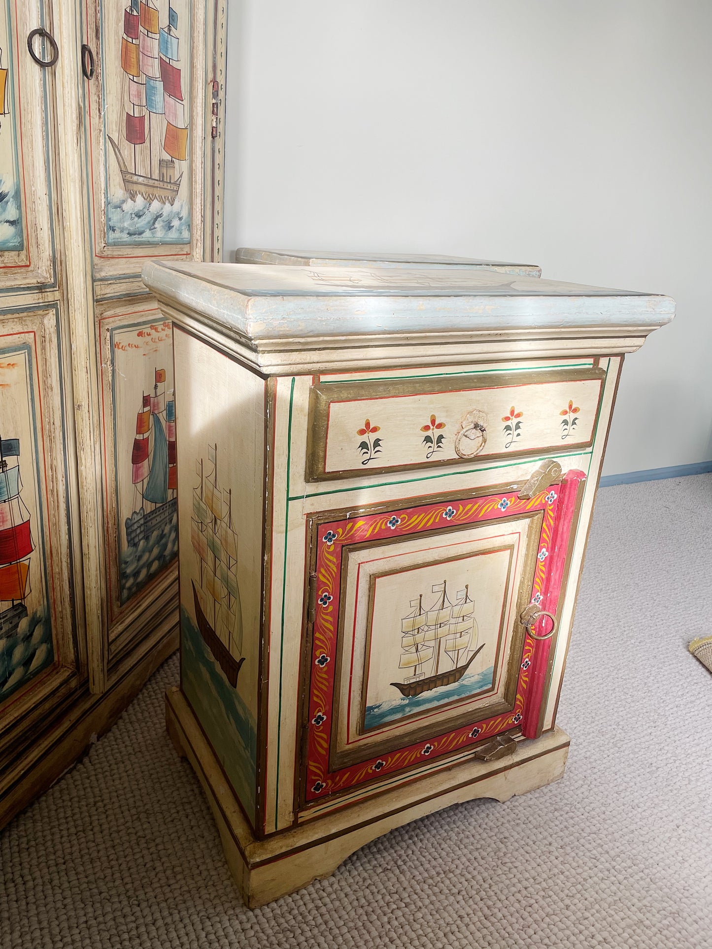 Hand-Painted Indian Nautical Cupboard & Bedside Set