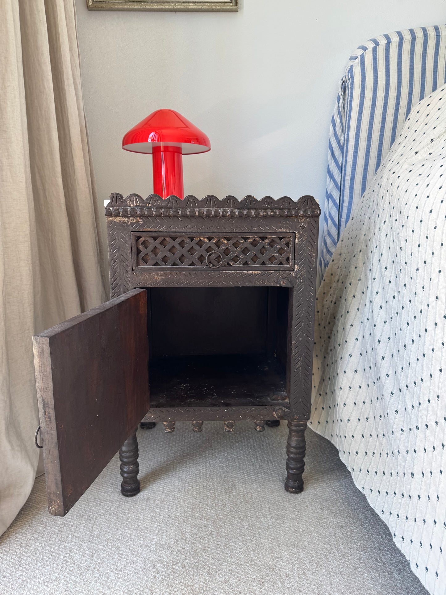 Pair of Antique Indian Carved Majuce Bedside Tables / Nightstands