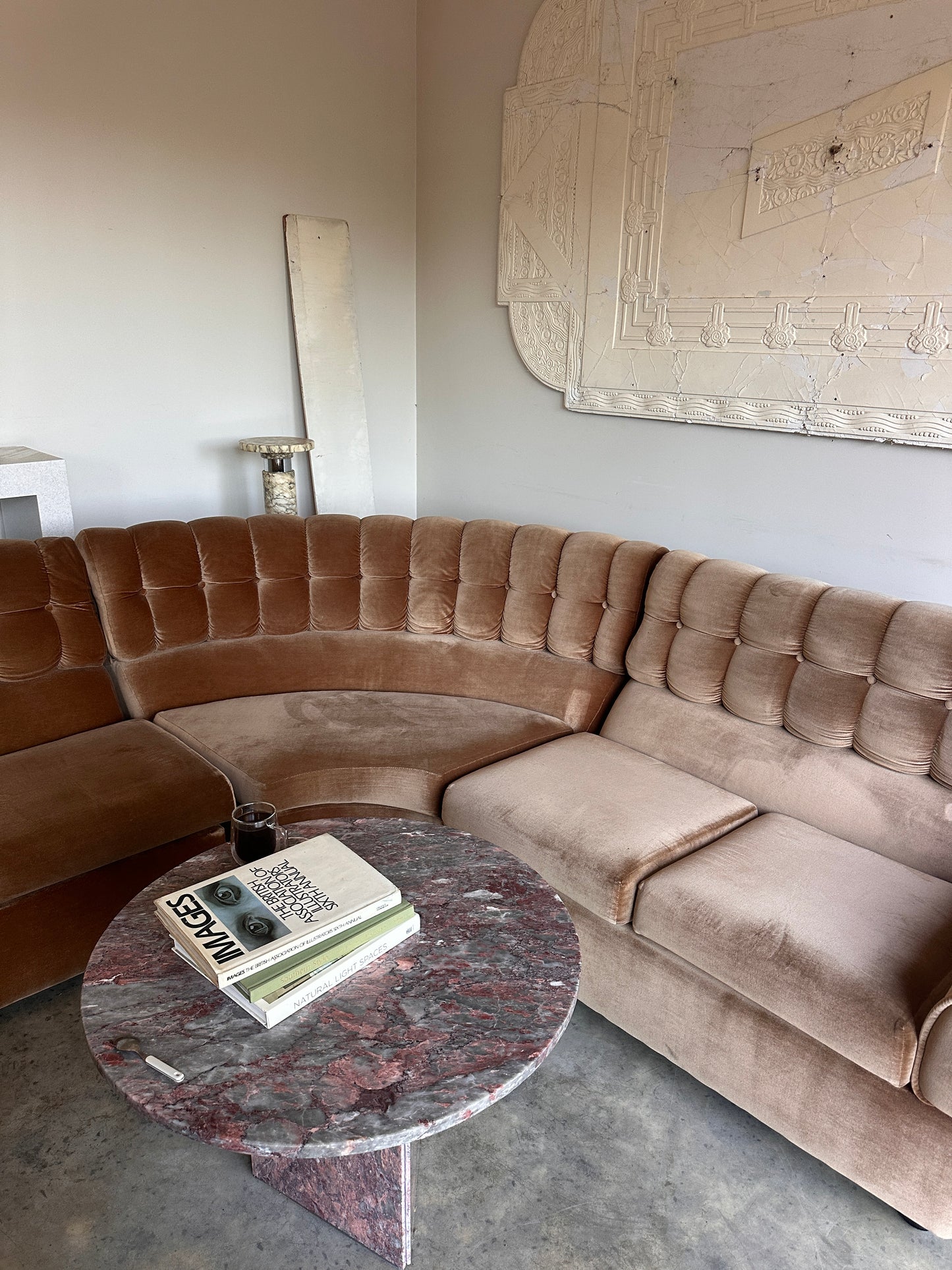 Vintage Tufted Caramel Velvet Curved Sofa
