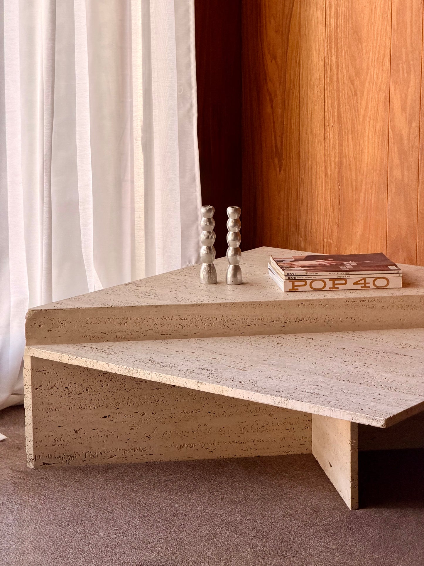 Vintage Triangle Split Level Unfilled Travertine Coffee Table