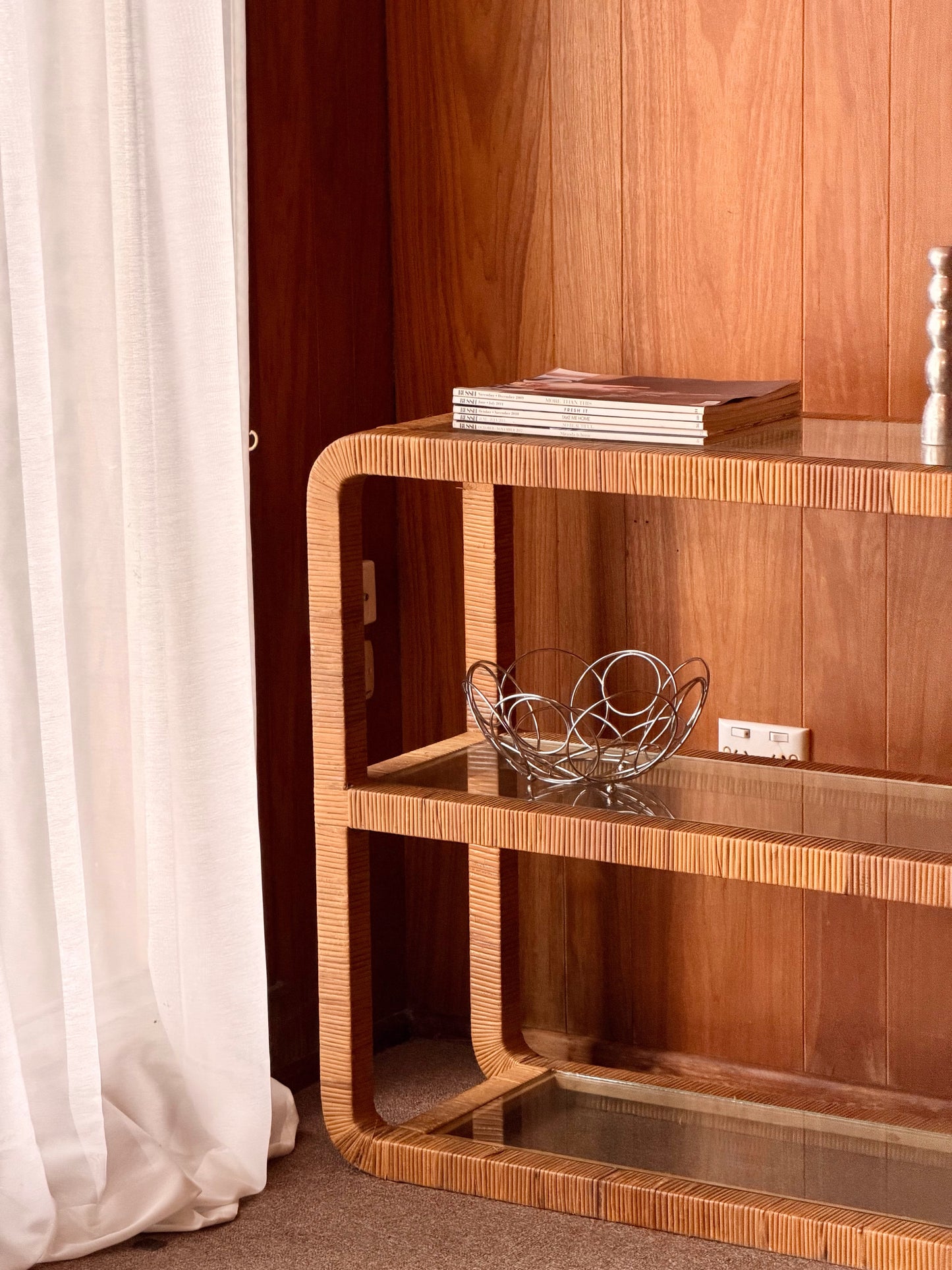 Vintage Glass and Wicker Console Table
