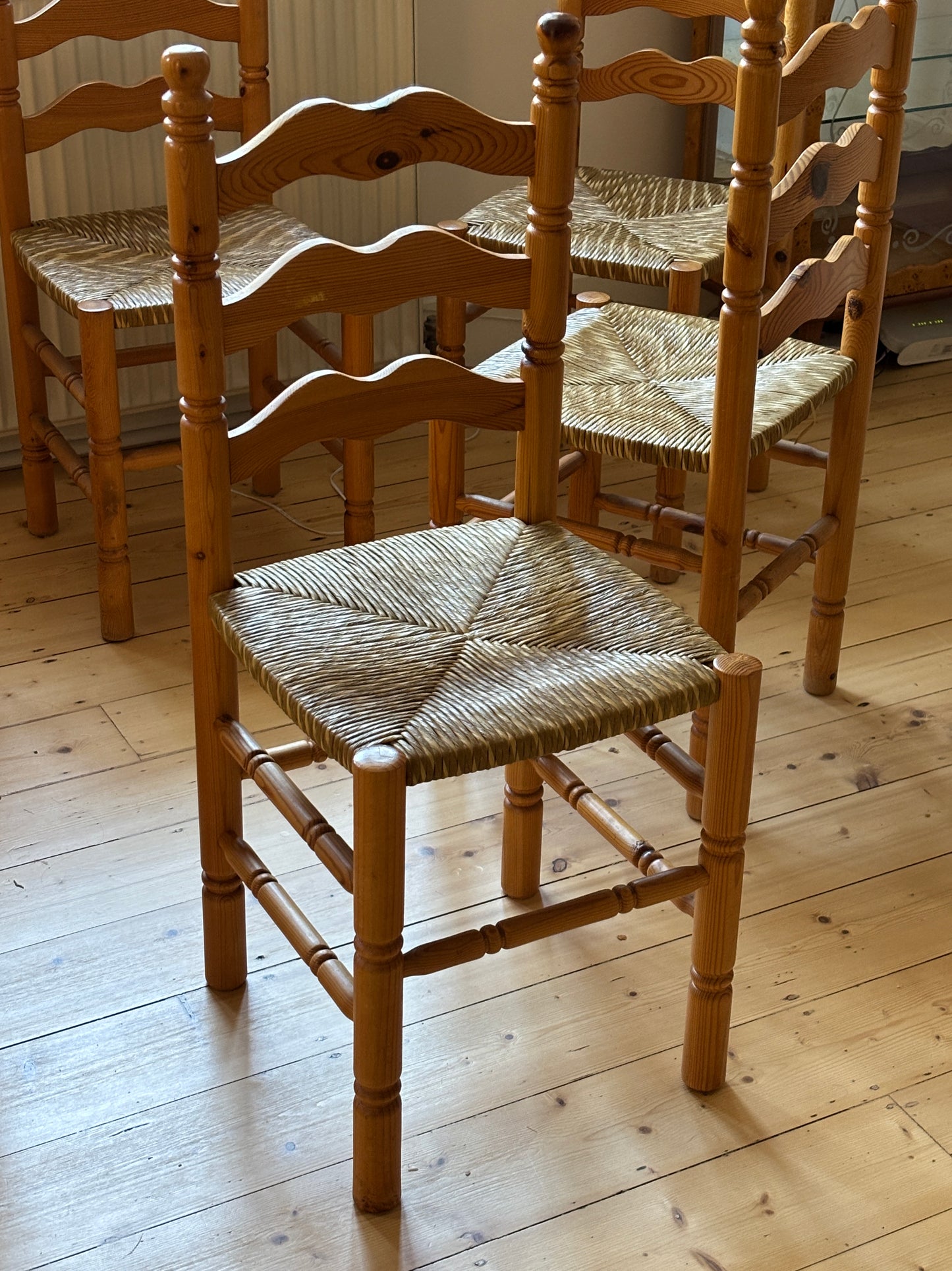 Set of Six Vintage Pine Dining Chairs