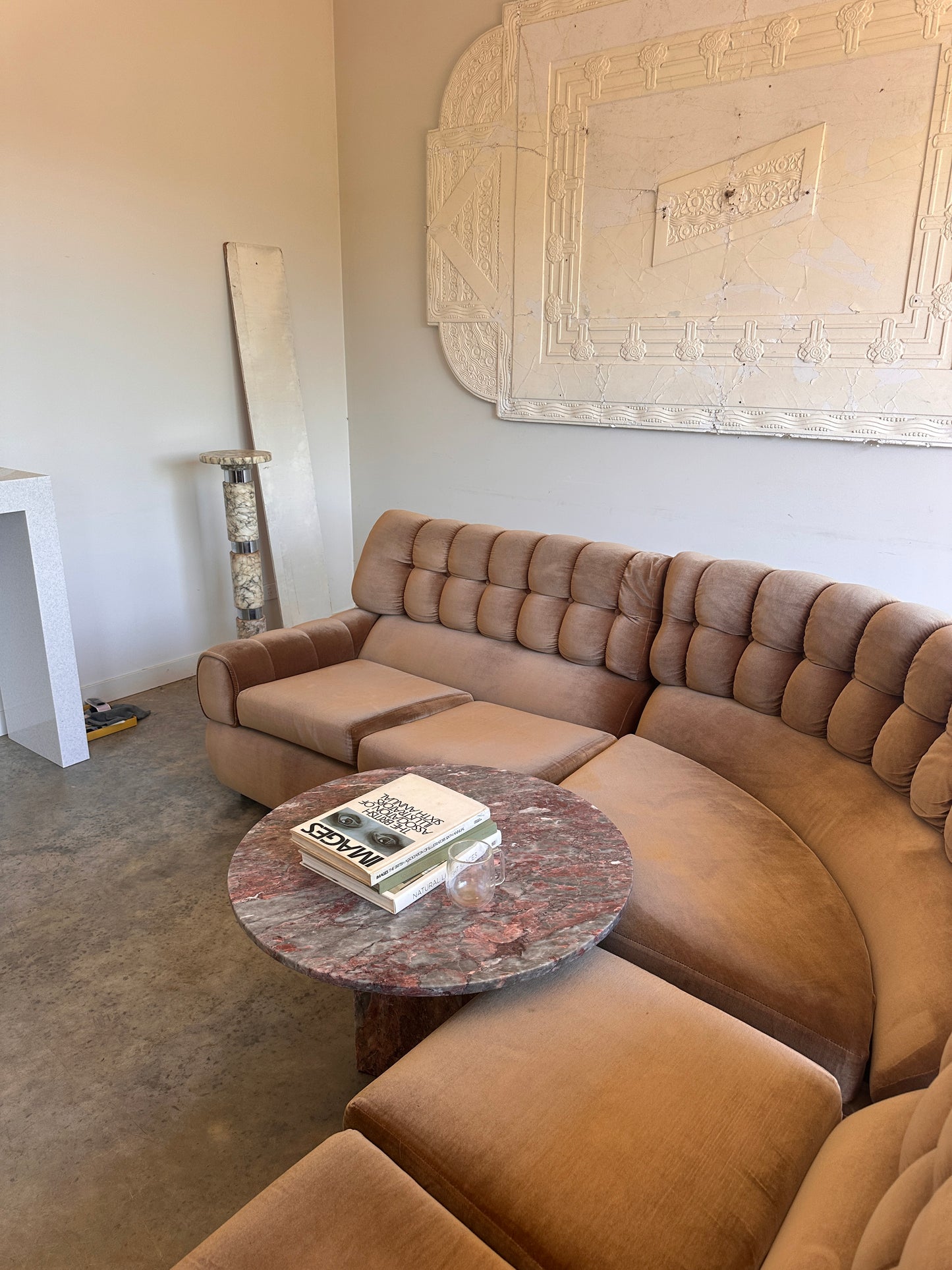 Vintage Tufted Caramel Velvet Curved Sofa