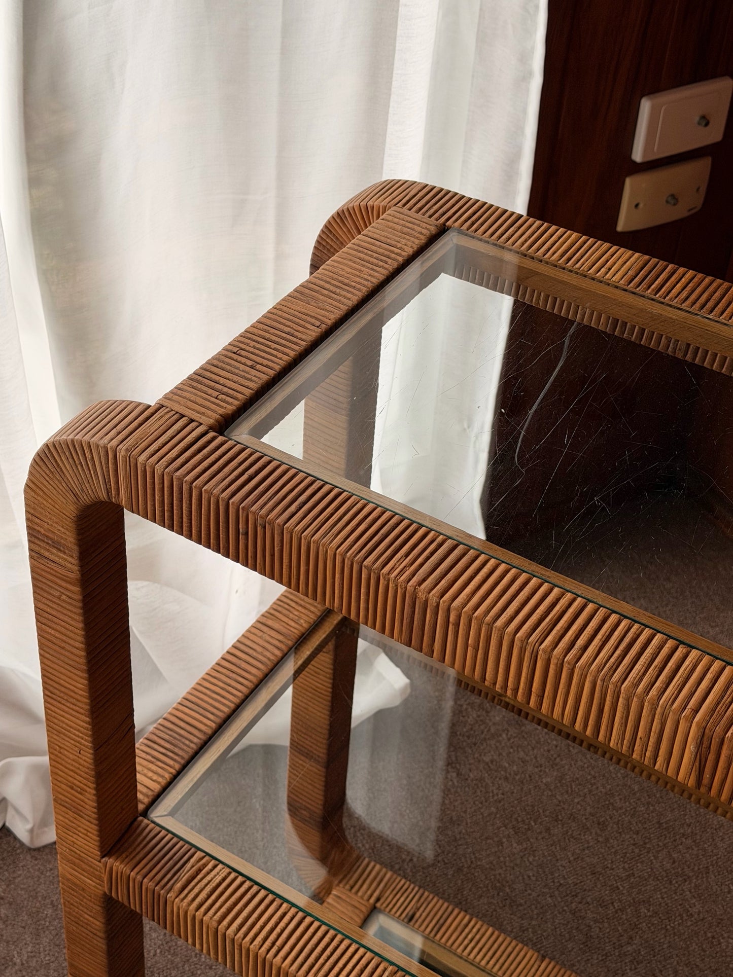 Vintage Glass and Wicker Console Table
