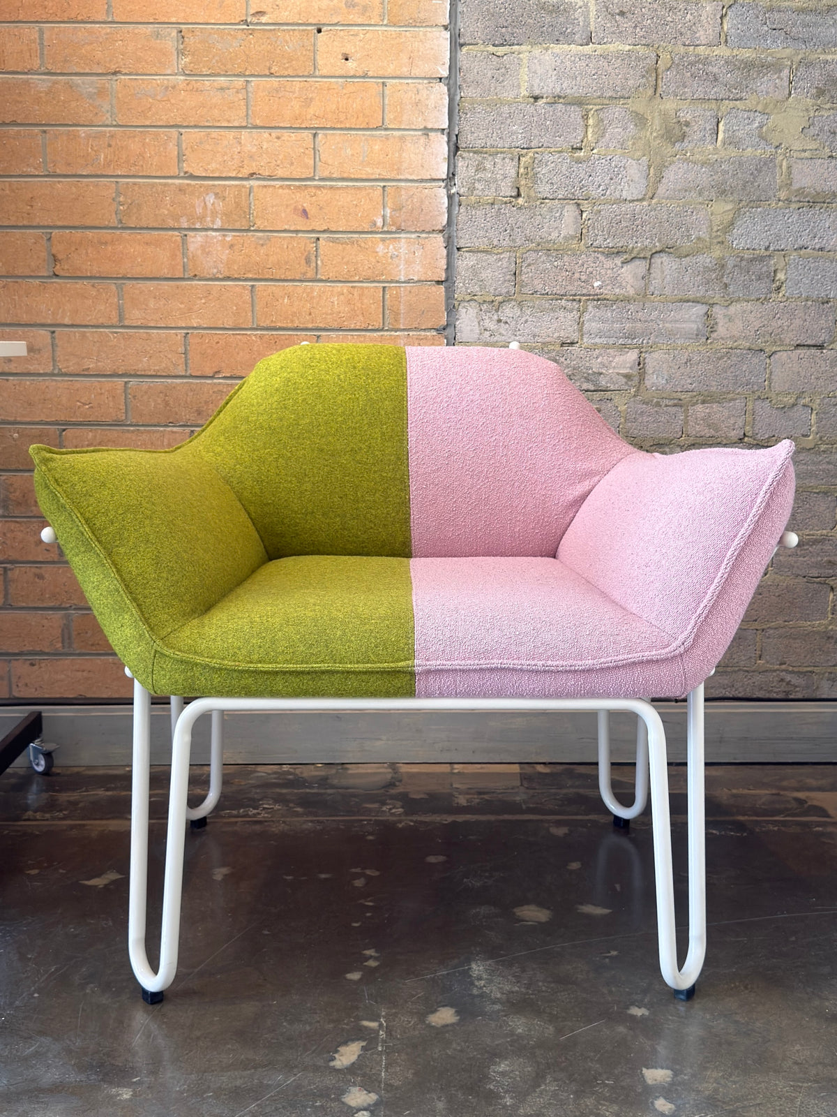 Two-Tone Bouclé Lounge Chair in Pink & Olive (2 Available)
