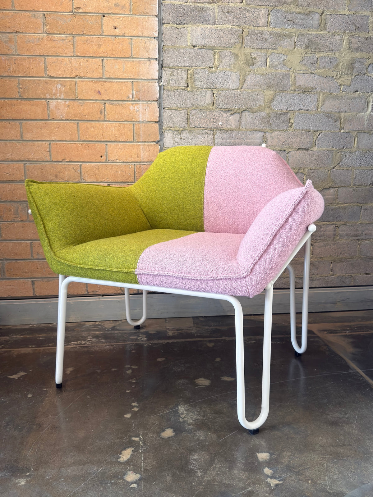 Two-Tone Bouclé Lounge Chair in Pink & Olive (2 Available)