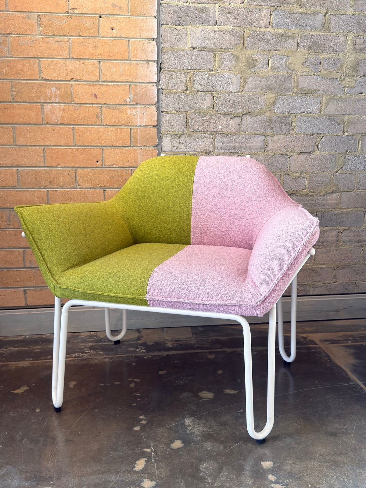Two-Tone Bouclé Lounge Chair in Pink & Olive (2 Available)