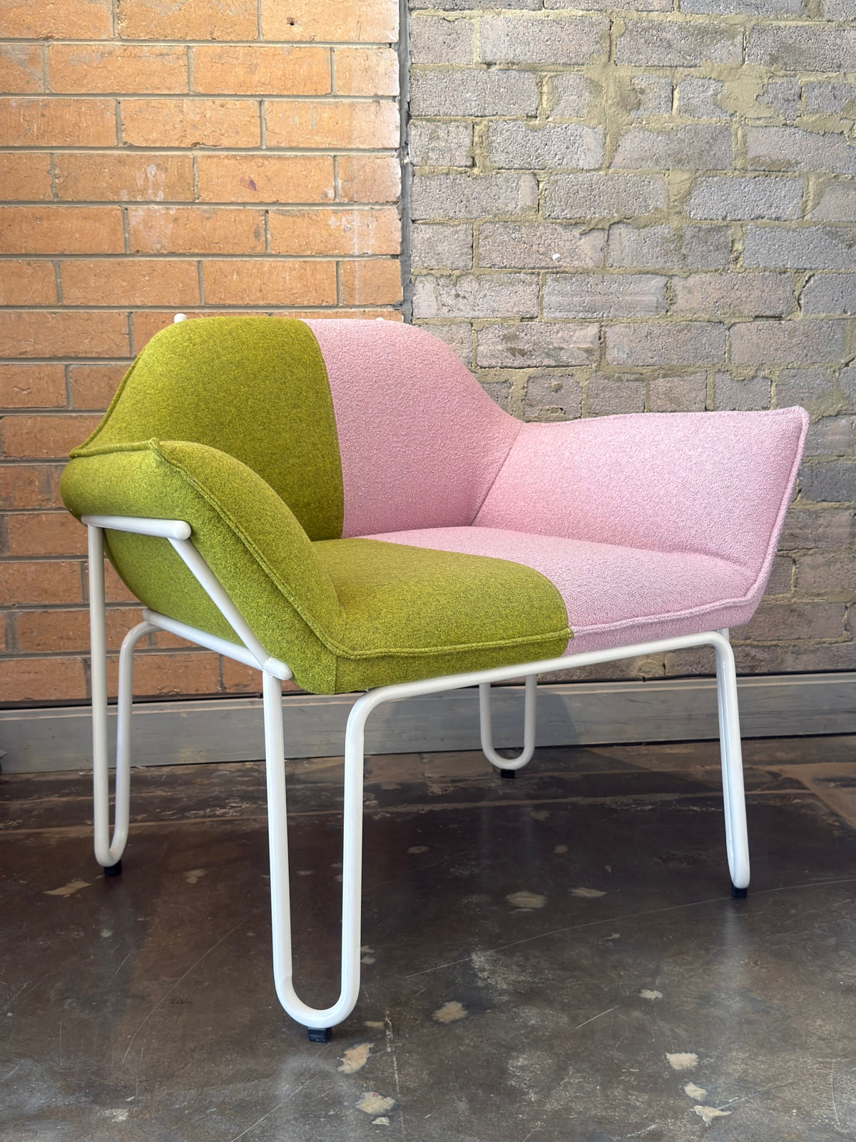 Two-Tone Bouclé Lounge Chair in Pink & Olive (2 Available)
