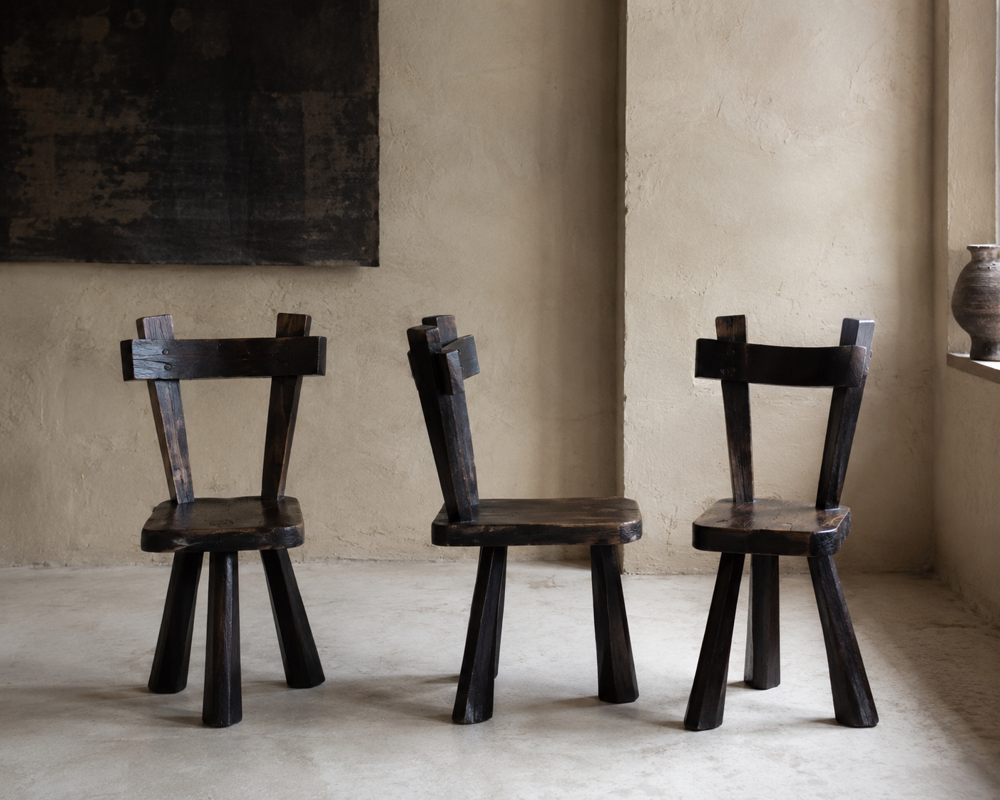 3 French Brutalist Ebonized chairs