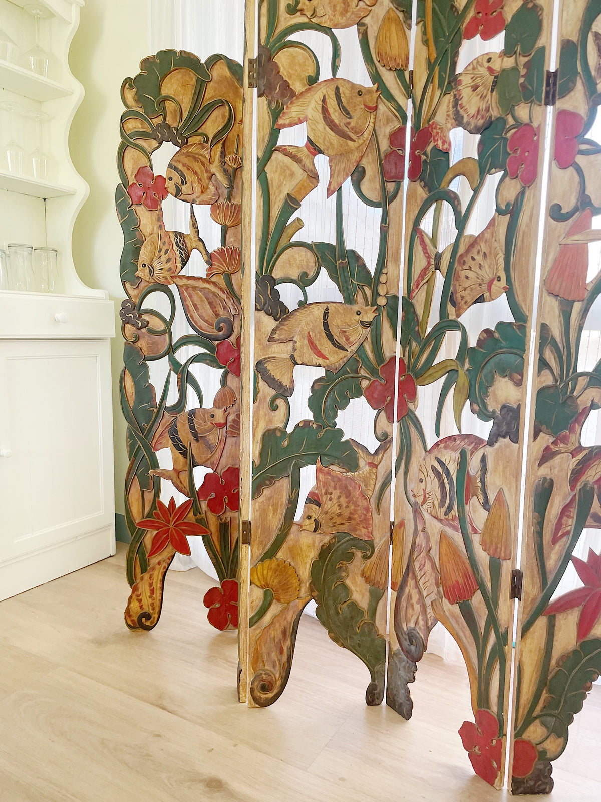Unique Folk Hand Carved Botanical & Fish Folding Screen