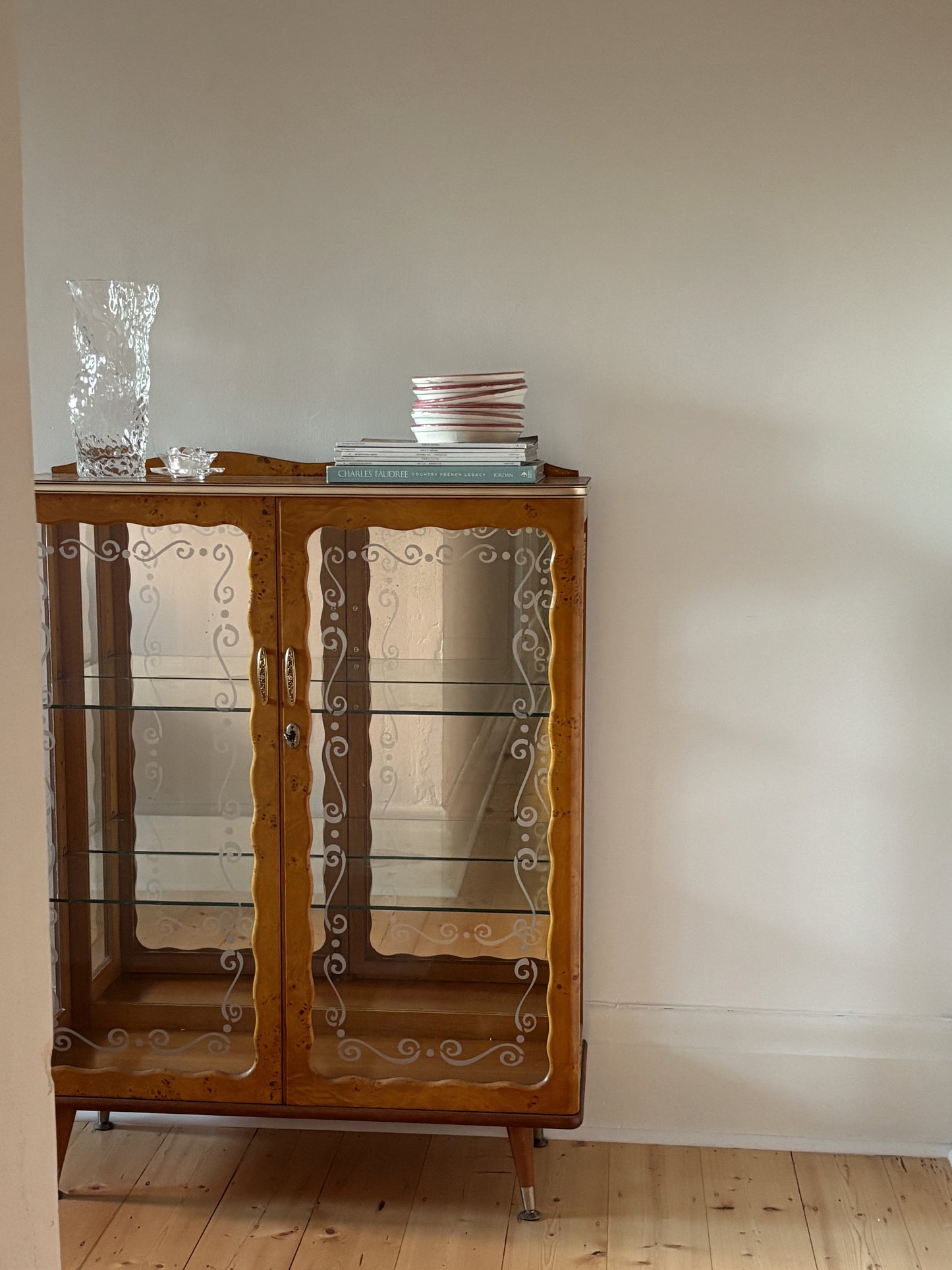 Vintage 1950s Burl & Glass Cabinet