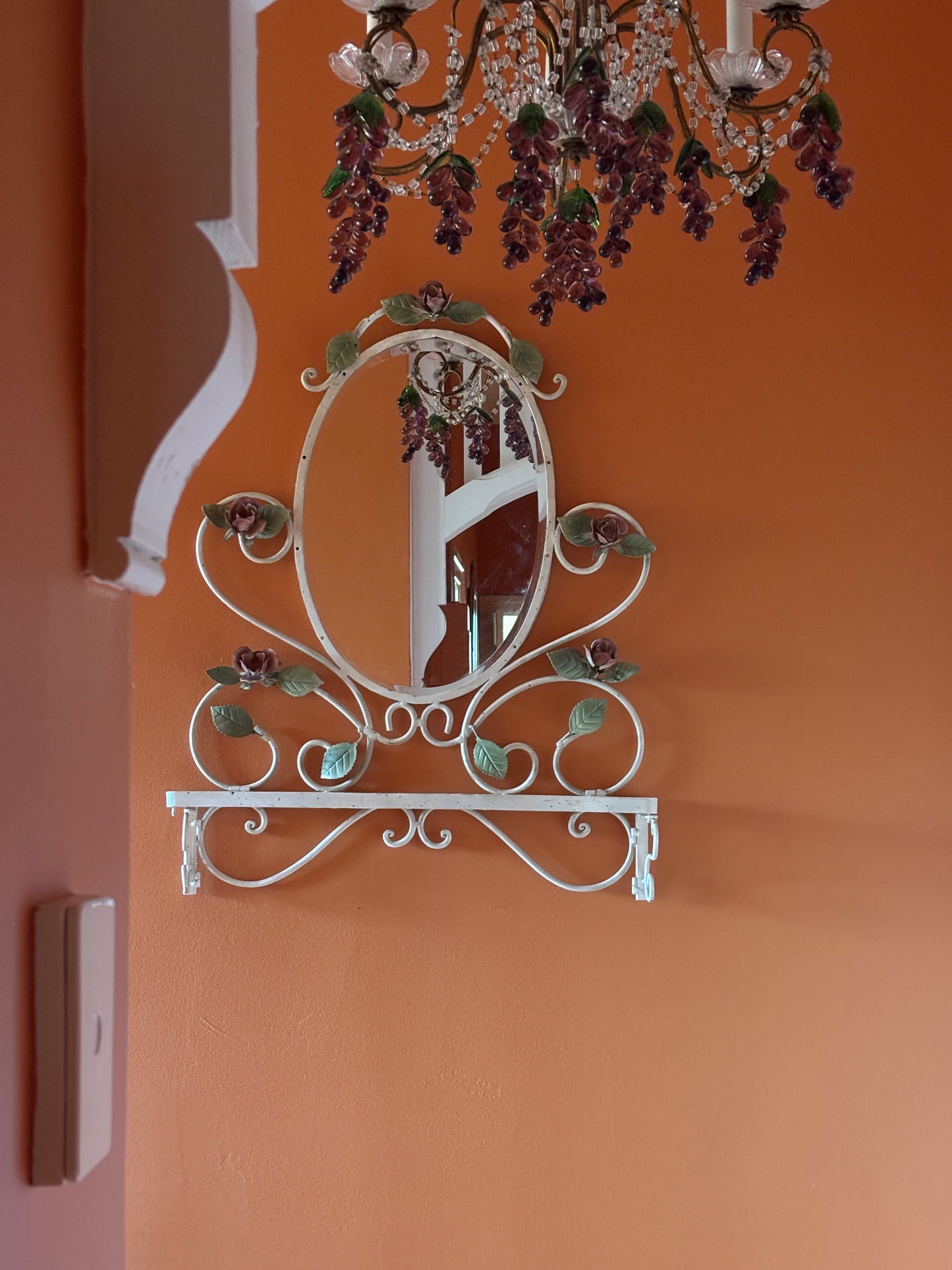 Vintage Tole Hand Painted Mirror with Shelf
