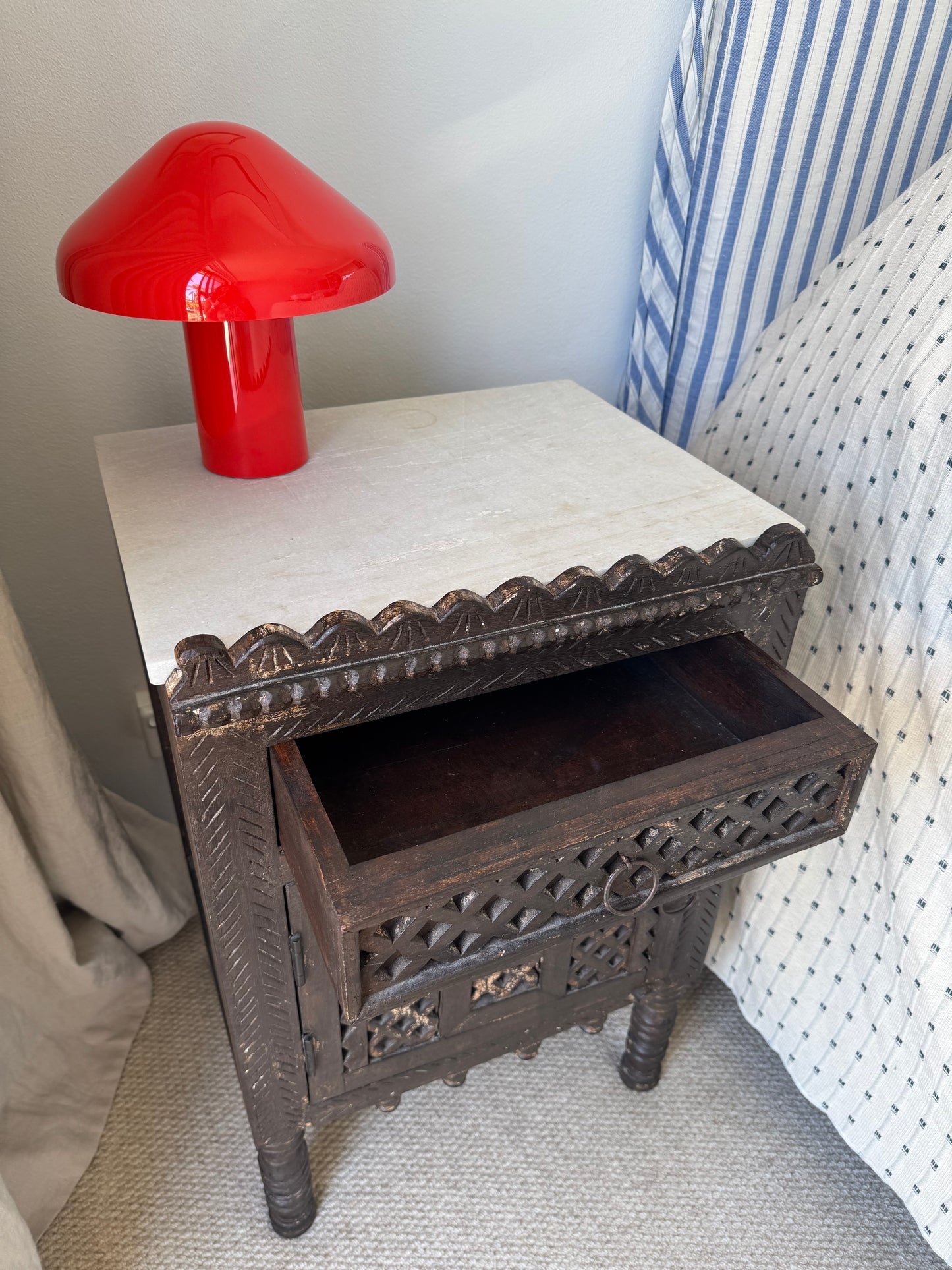 Pair of Antique Indian Carved Majuce Bedside Tables / Nightstands