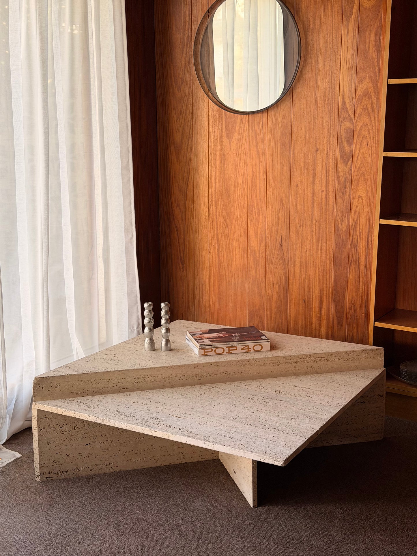 Vintage Triangle Split Level Unfilled Travertine Coffee Table