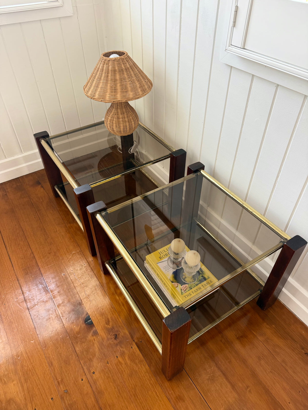 Pair of vintage timber and brass side tables