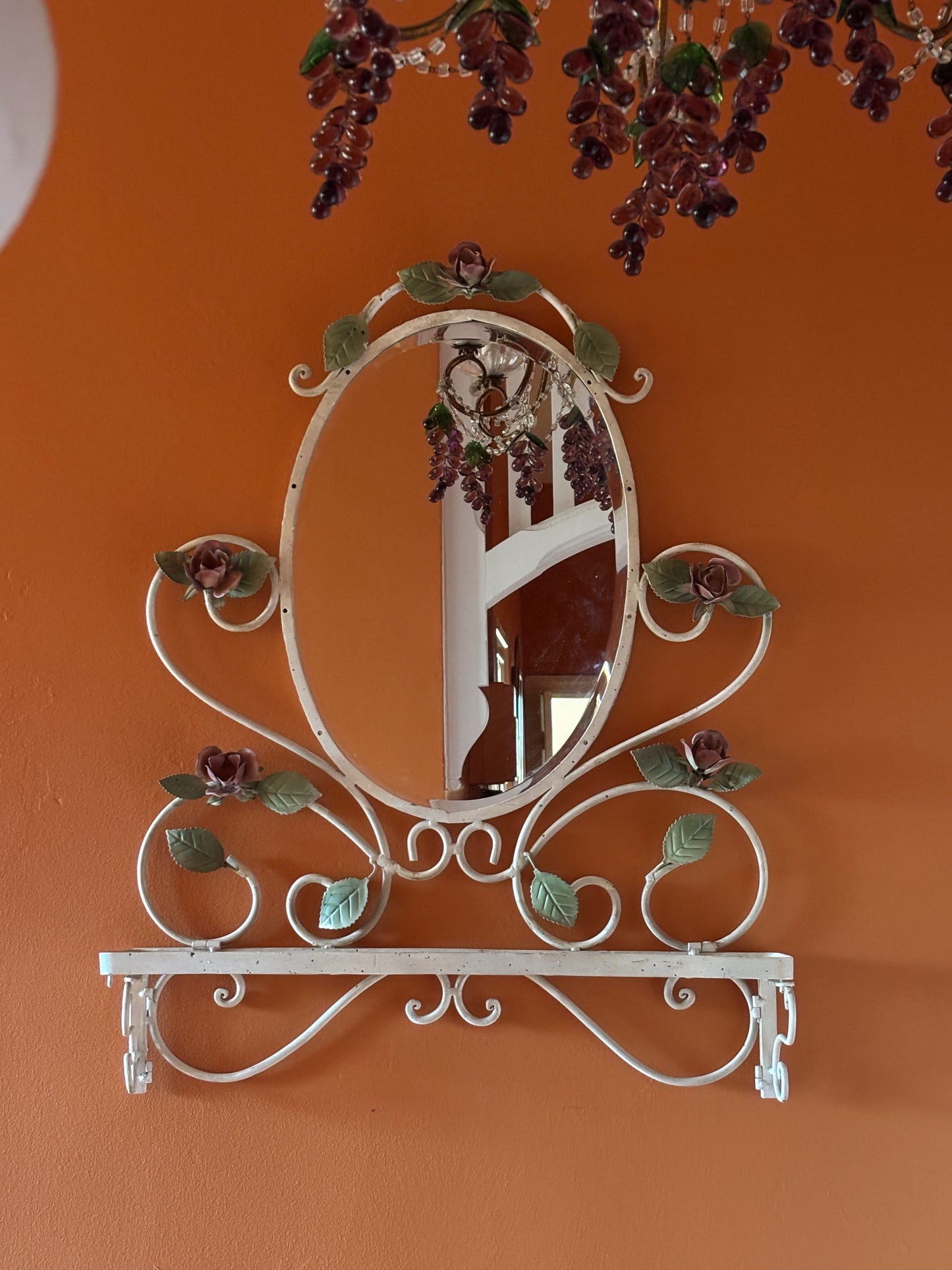 Vintage Tole Hand Painted Mirror with Shelf