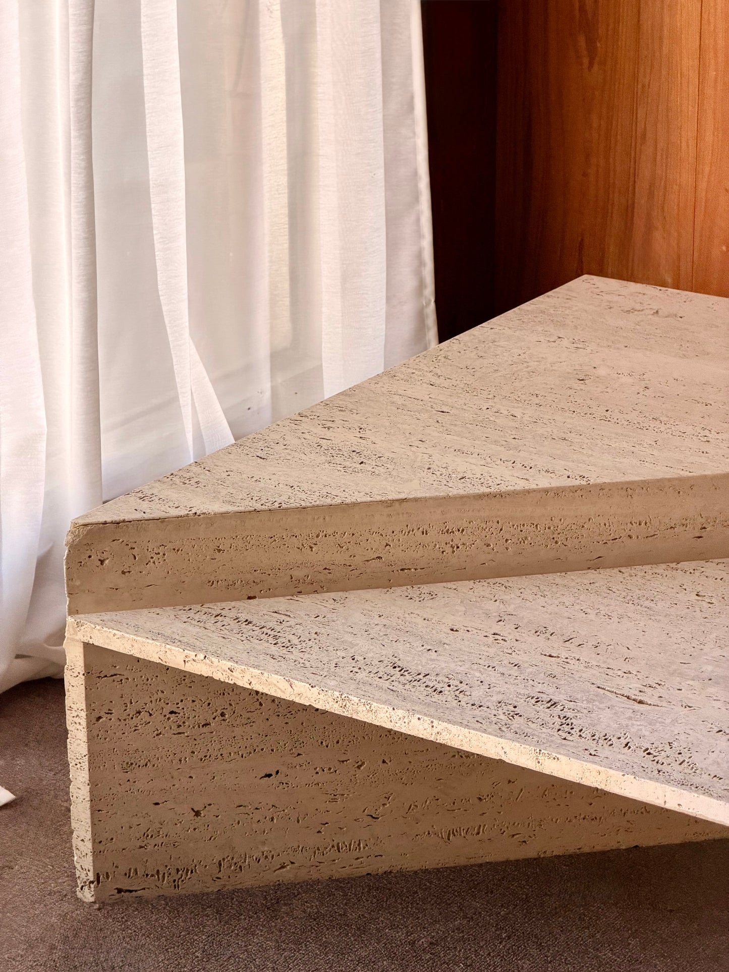 Vintage Triangle Split Level Unfilled Travertine Coffee Table