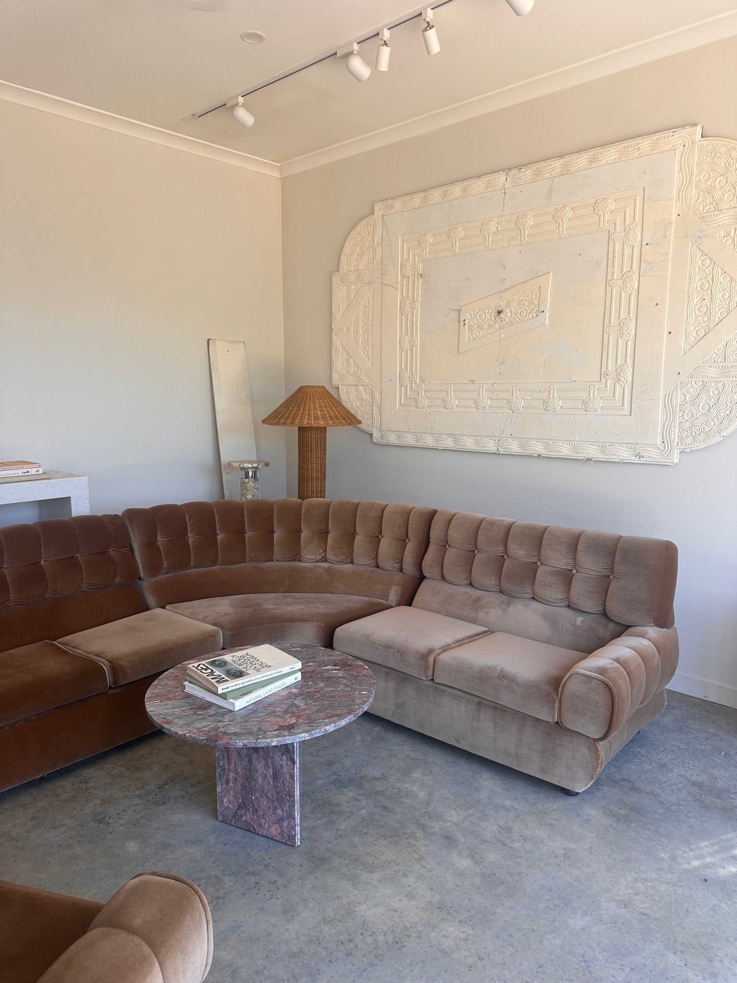 Vintage Tufted Caramel Velvet Curved Sofa