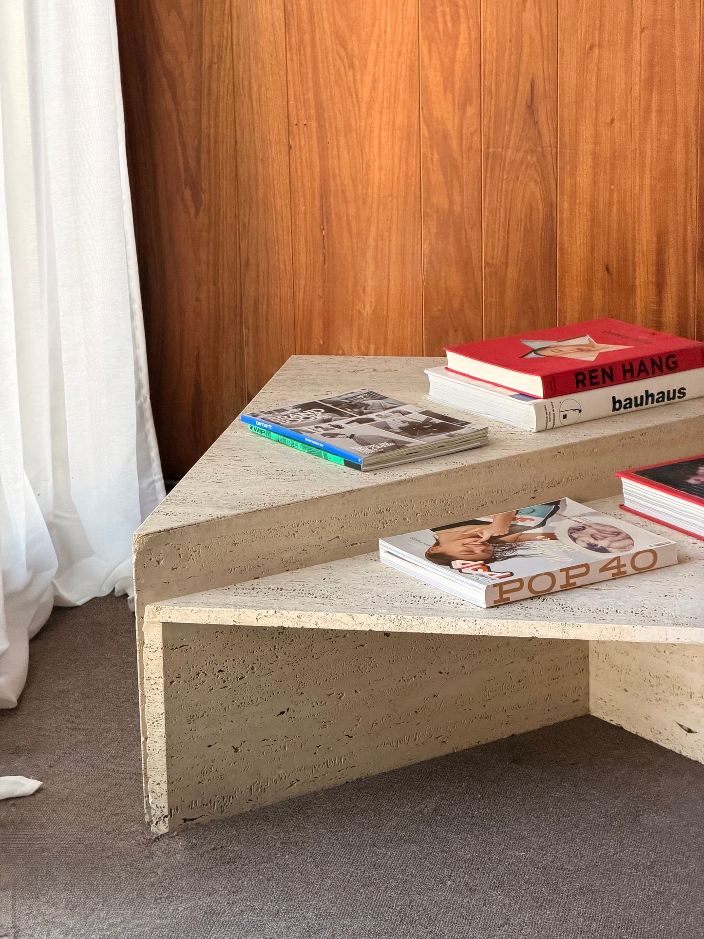 Vintage Triangle Split Level Unfilled Travertine Coffee Table