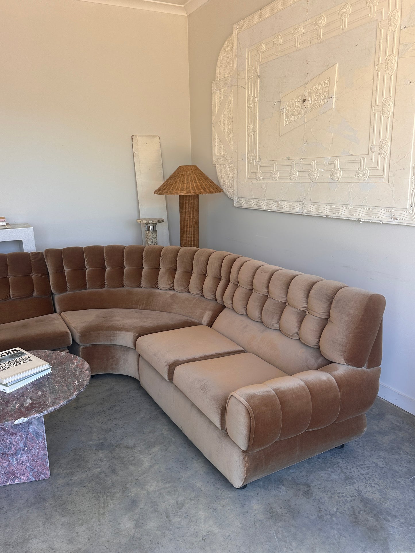 Vintage Tufted Caramel Velvet Curved Sofa