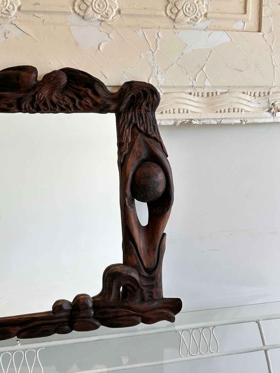 Art Nouveau Style Hand-Carved Timber Mirror