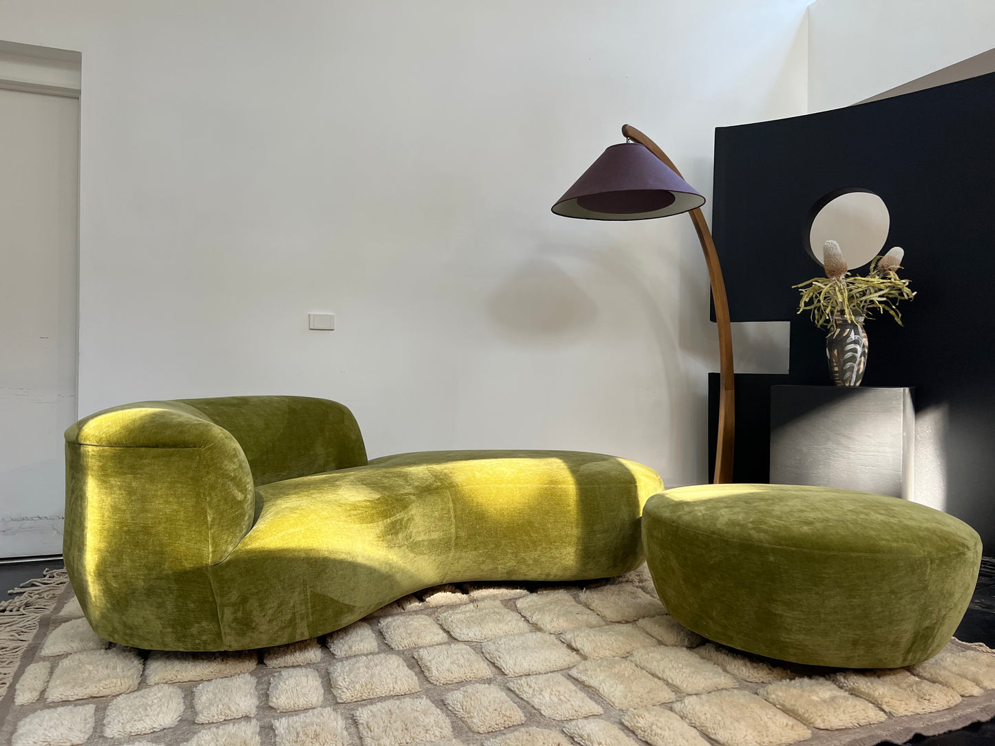 Green Velvet Sofa with Ottoman