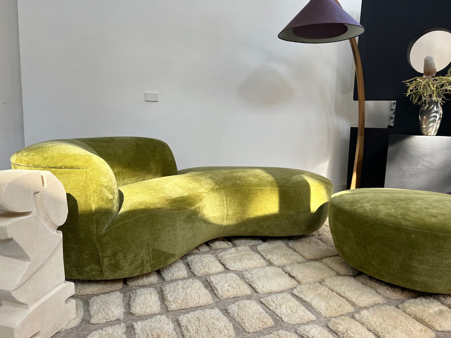 Green Velvet Sofa with Ottoman