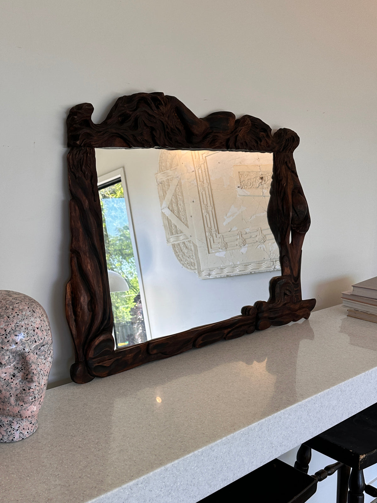 Art Nouveau Style Hand-Carved Timber Mirror