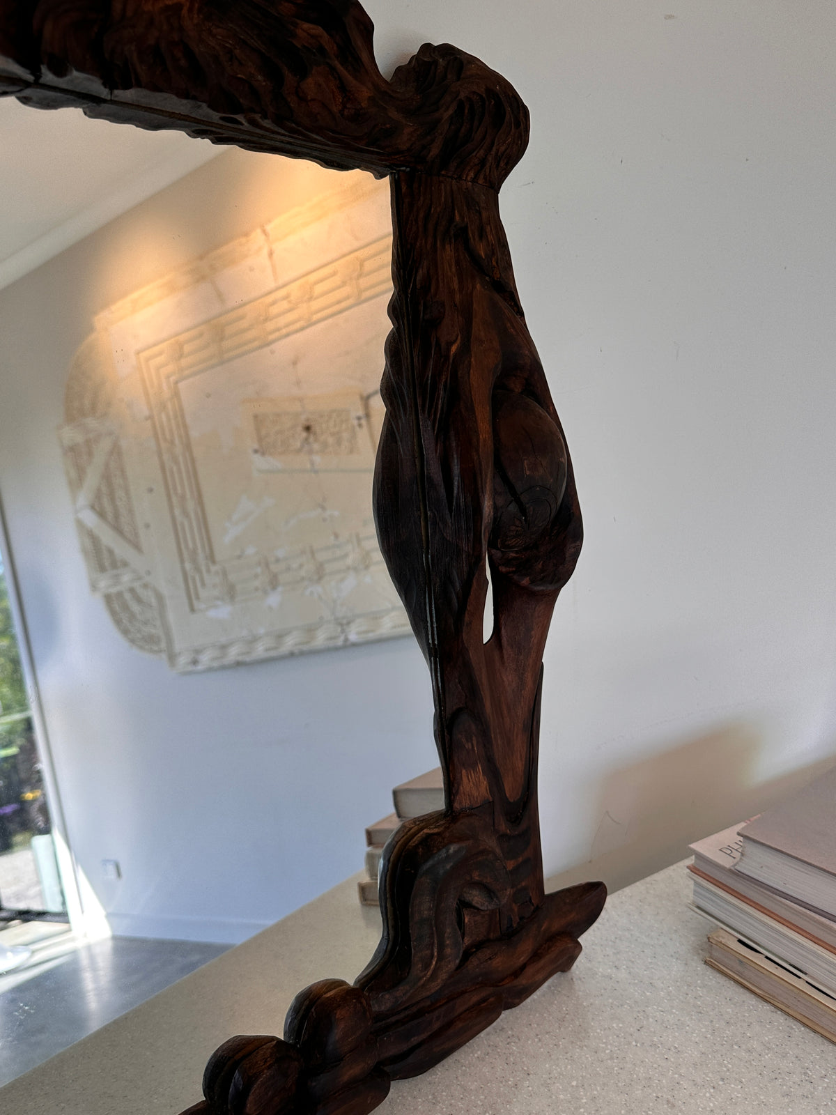 Art Nouveau Style Hand-Carved Timber Mirror